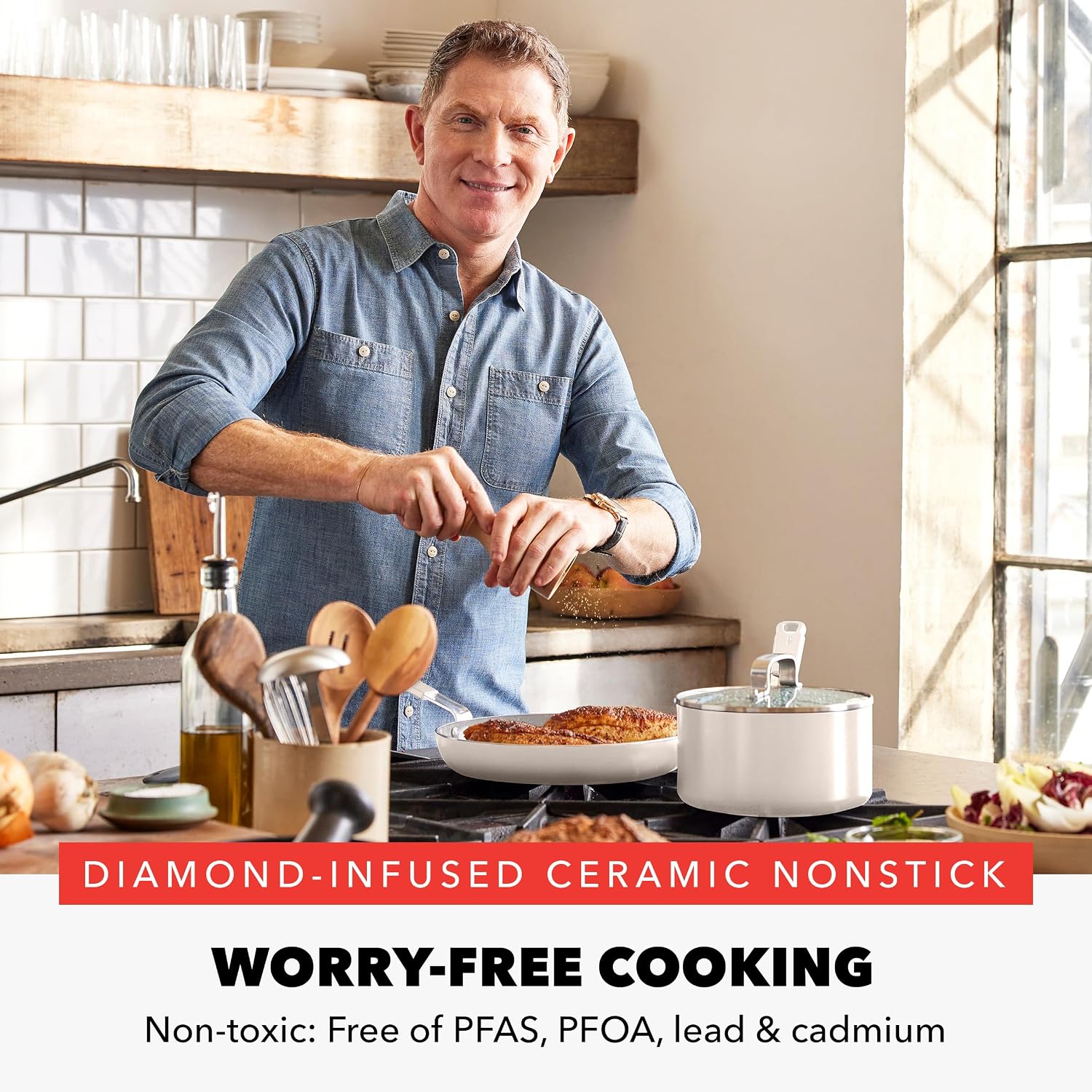 GreenPan x Bobby Flay 2 Piece (8"&10") Ceramic Nonstick Skillet Set, Cream