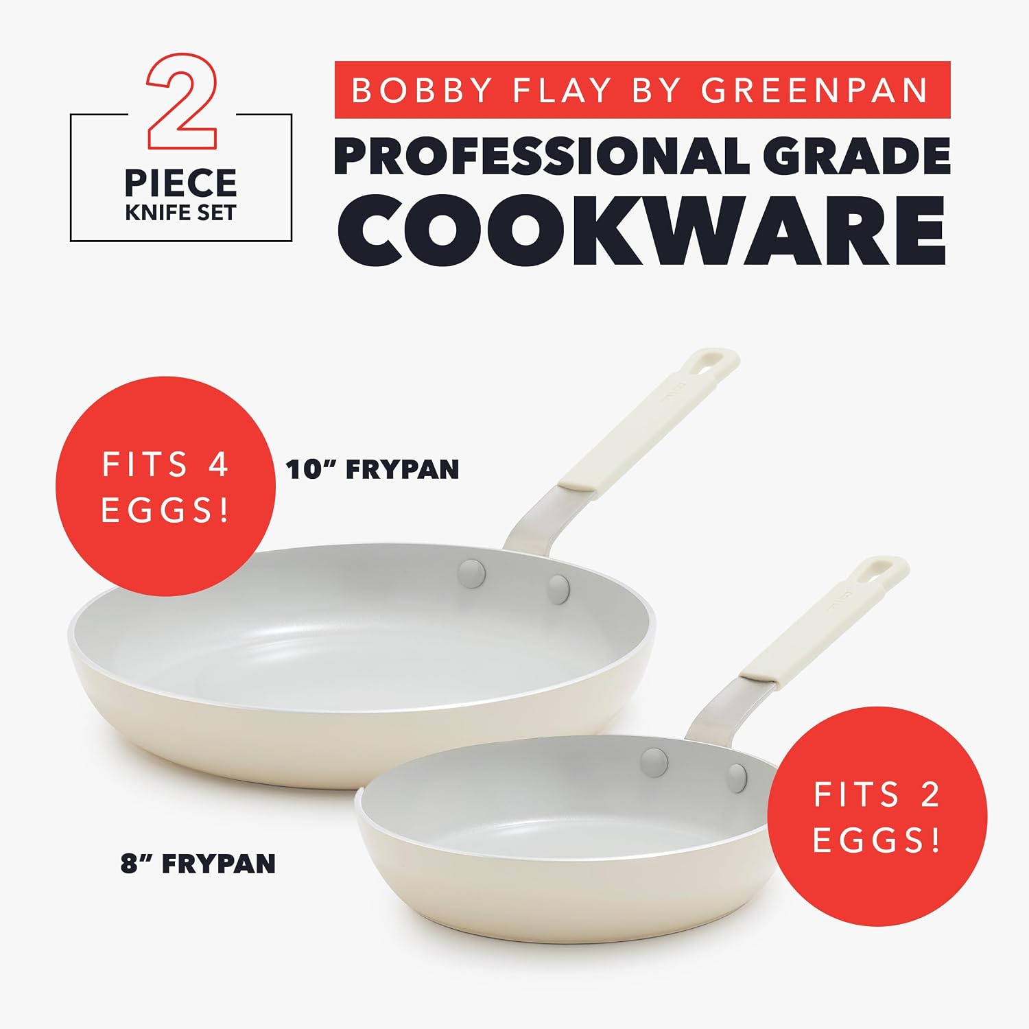 GreenPan x Bobby Flay 2 Piece (8"&10") Ceramic Nonstick Skillet Set, Cream