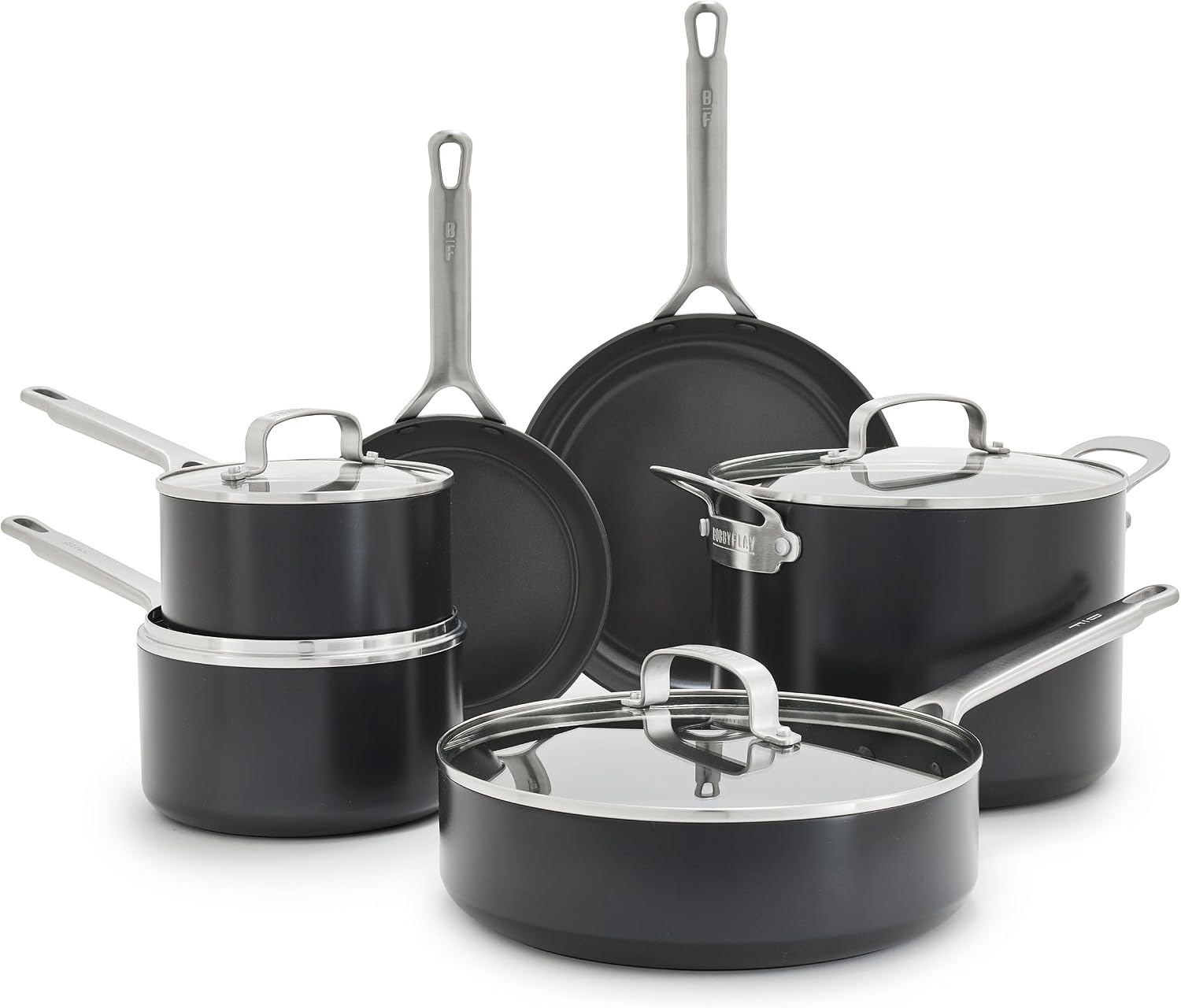 GreenPan x Bobby Flay Hard Anodized Nonstick 10 Piece Cookware Set, PFAS-Free Ceramic Pots & Pans, Induction Suitable, Frypans, Saucepans Saute, Stockpot, Glass Lids, Dishwasher & Oven Safe, Black