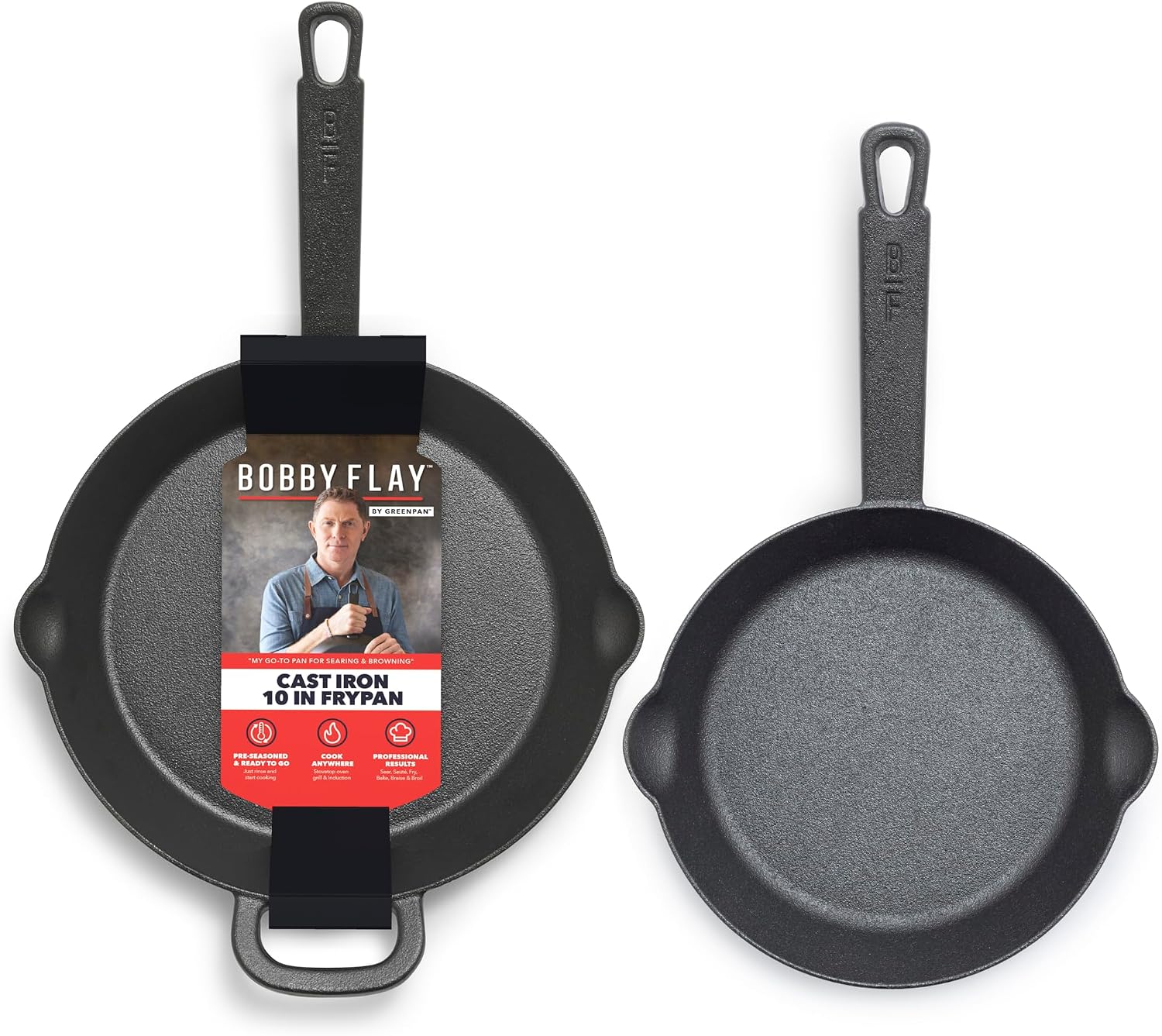 GreenPan x Bobby Flay 2 Pack (8" & 10") Pre-Seasoned Cast Iron Skillet Set Black