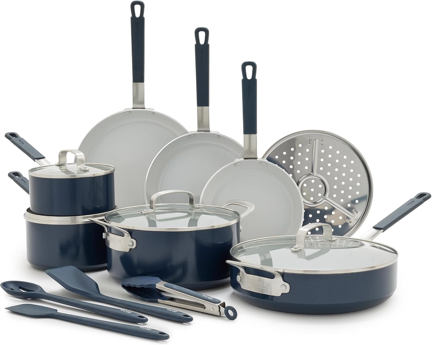 GreenPan X Bobby Flay 16 Piece Ceramic Nonstick Cookware Set, Navy Blue