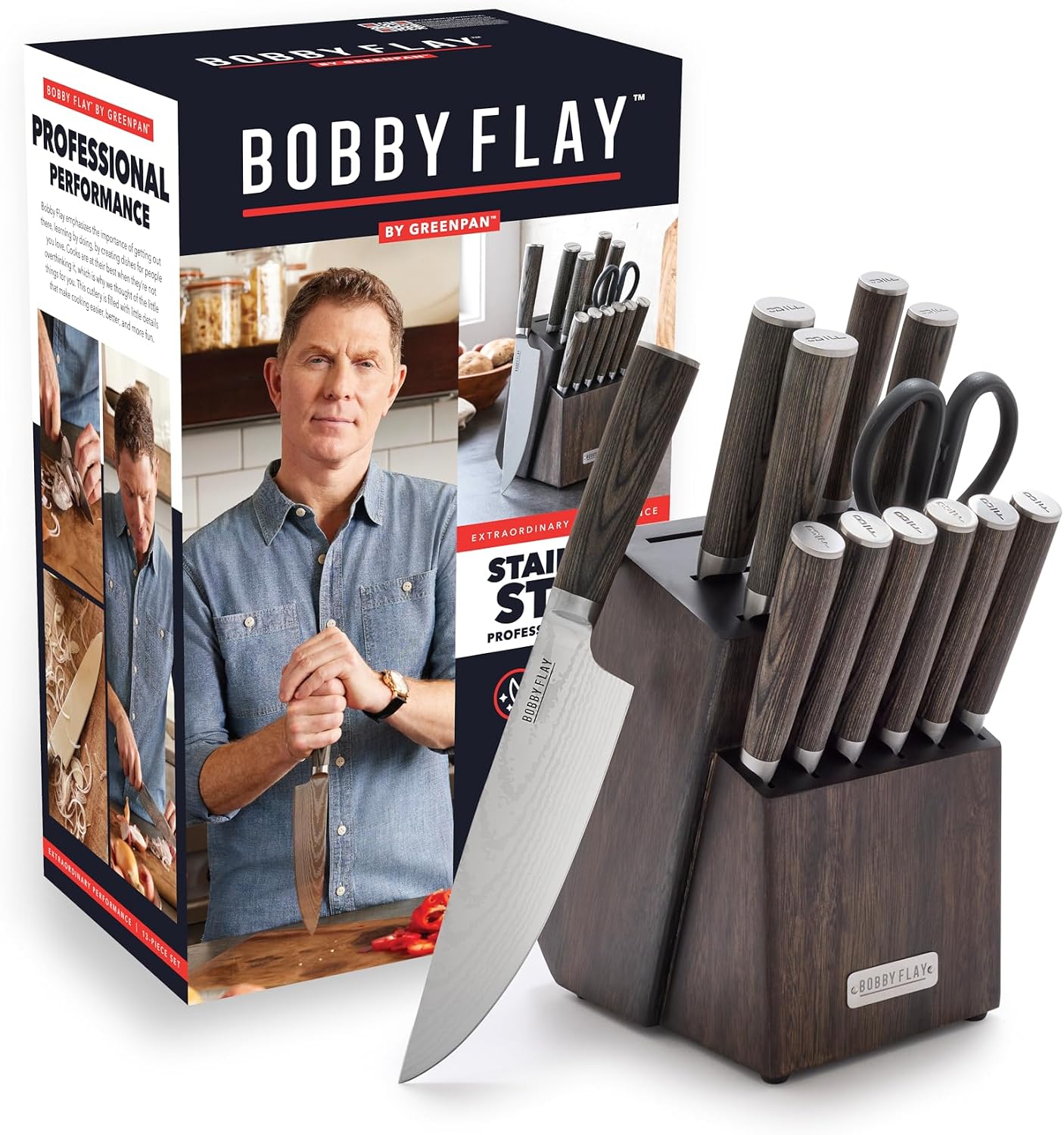 GreenPan x Bobby Flay 13 Piece Stainless Steel Cutlery Kitchen Knife Block Set, Premium Stainless Steel Blades, Acacia Wood Knife Block, Hand Finished Ergonomic Wood Handle, Damascus Steel Design Dark Brown