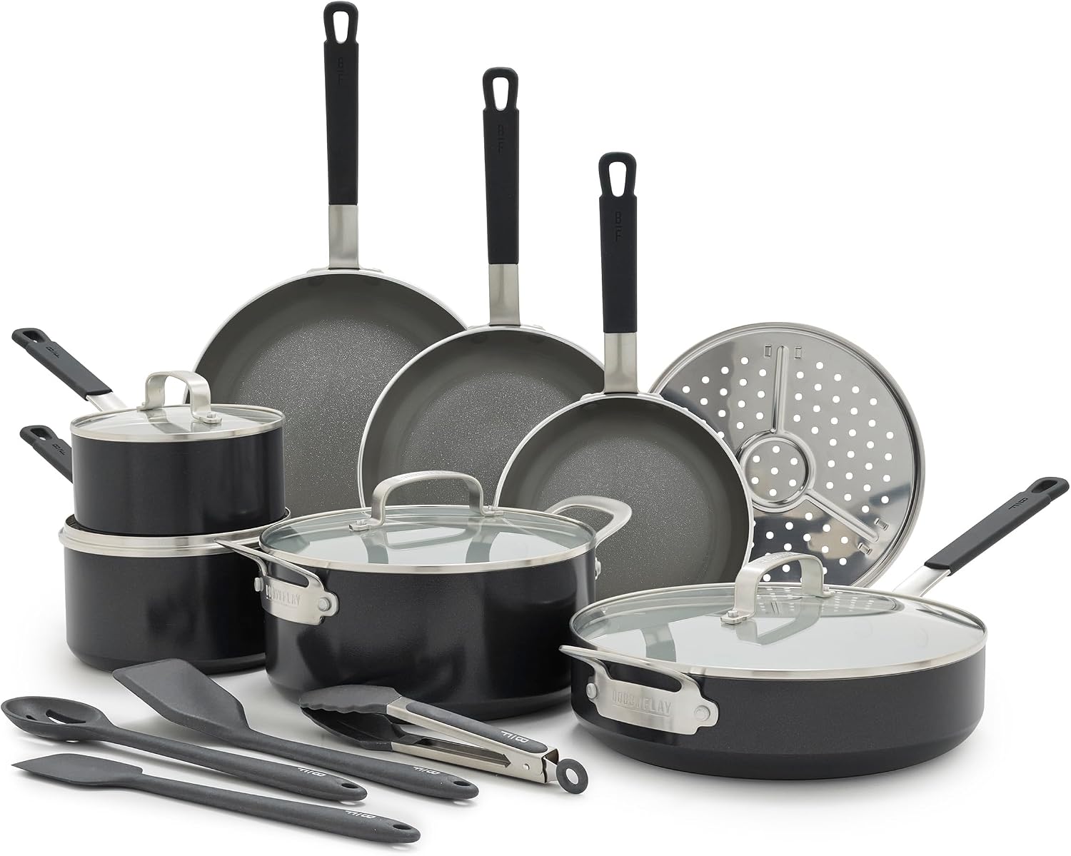 GreenPan X Bobby Flay 16 Piece Ceramic Nonstick Cookware Set, Black