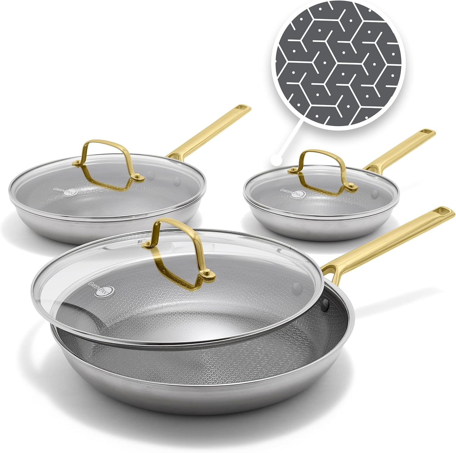 GreenPan Hybrid 6 Piece (8",10" & 12") Stainless Steel Skillets with Lids Gold