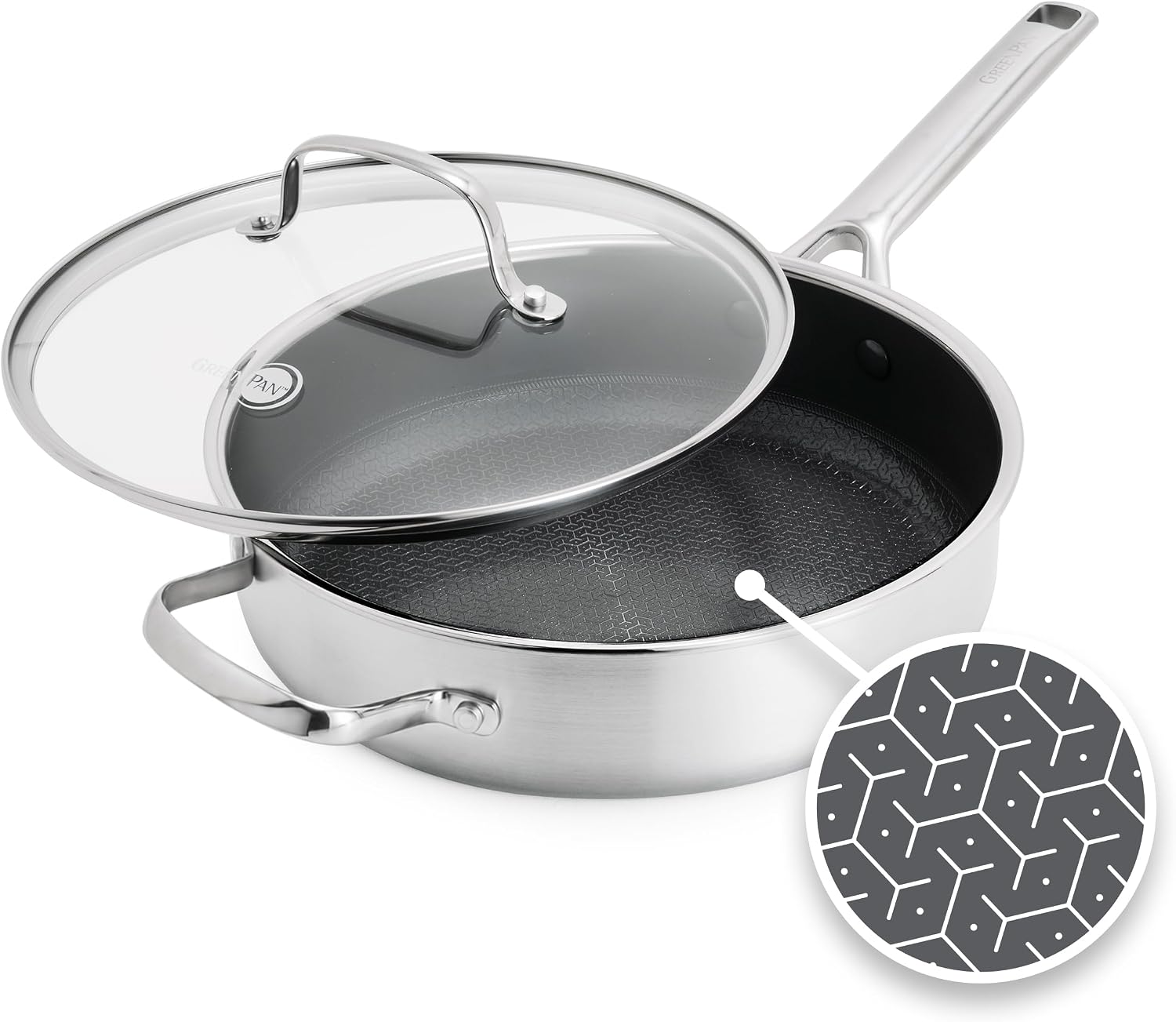GreenPan Hybrid 5QT Stainless Steel Saute Pan with Lid, Ceramic Nonstick Silver