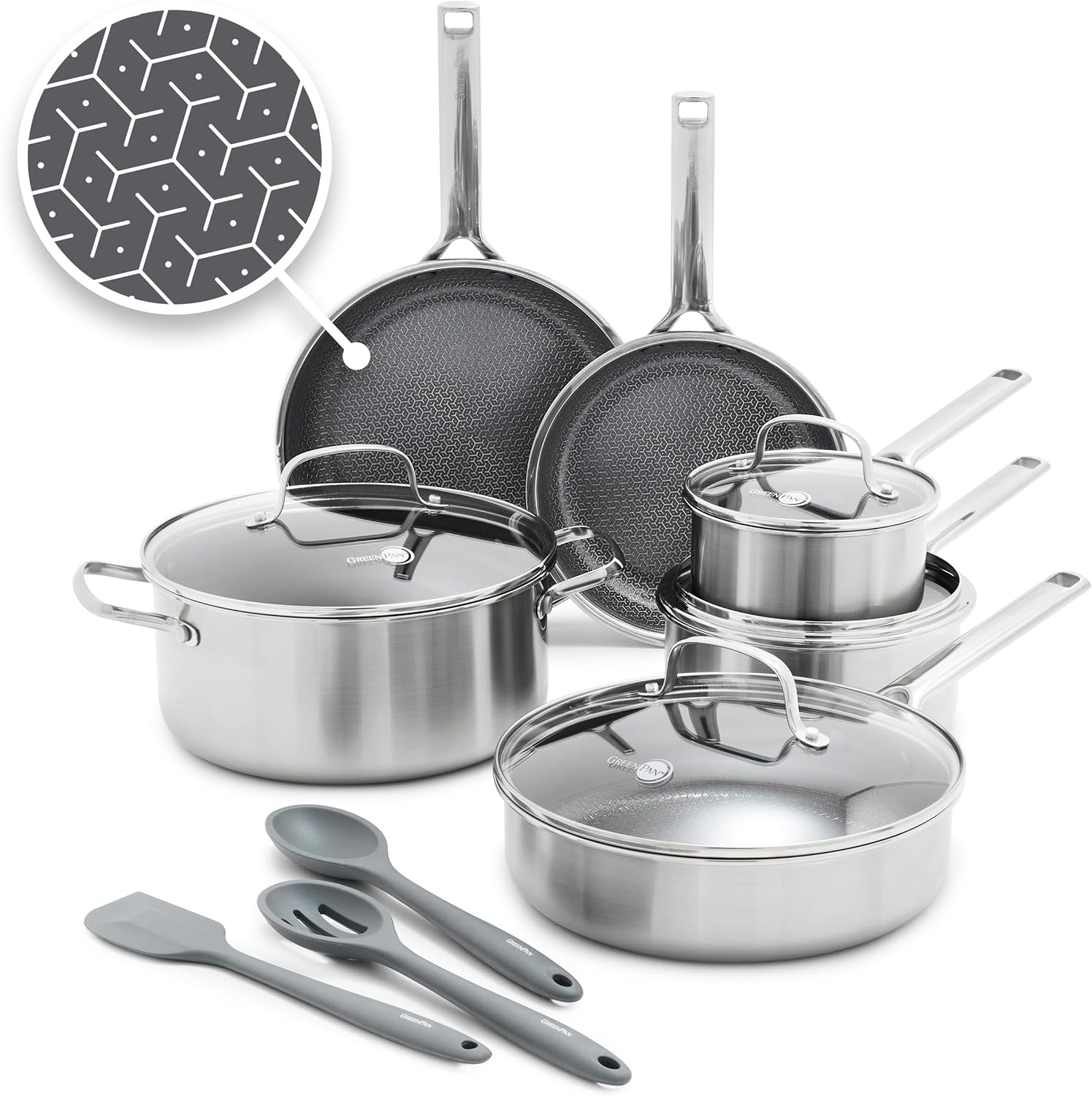 GreenPan Hybrid APEX 13 Piece Stainless Steel Ceramic Nonstick Cookware Set Silver