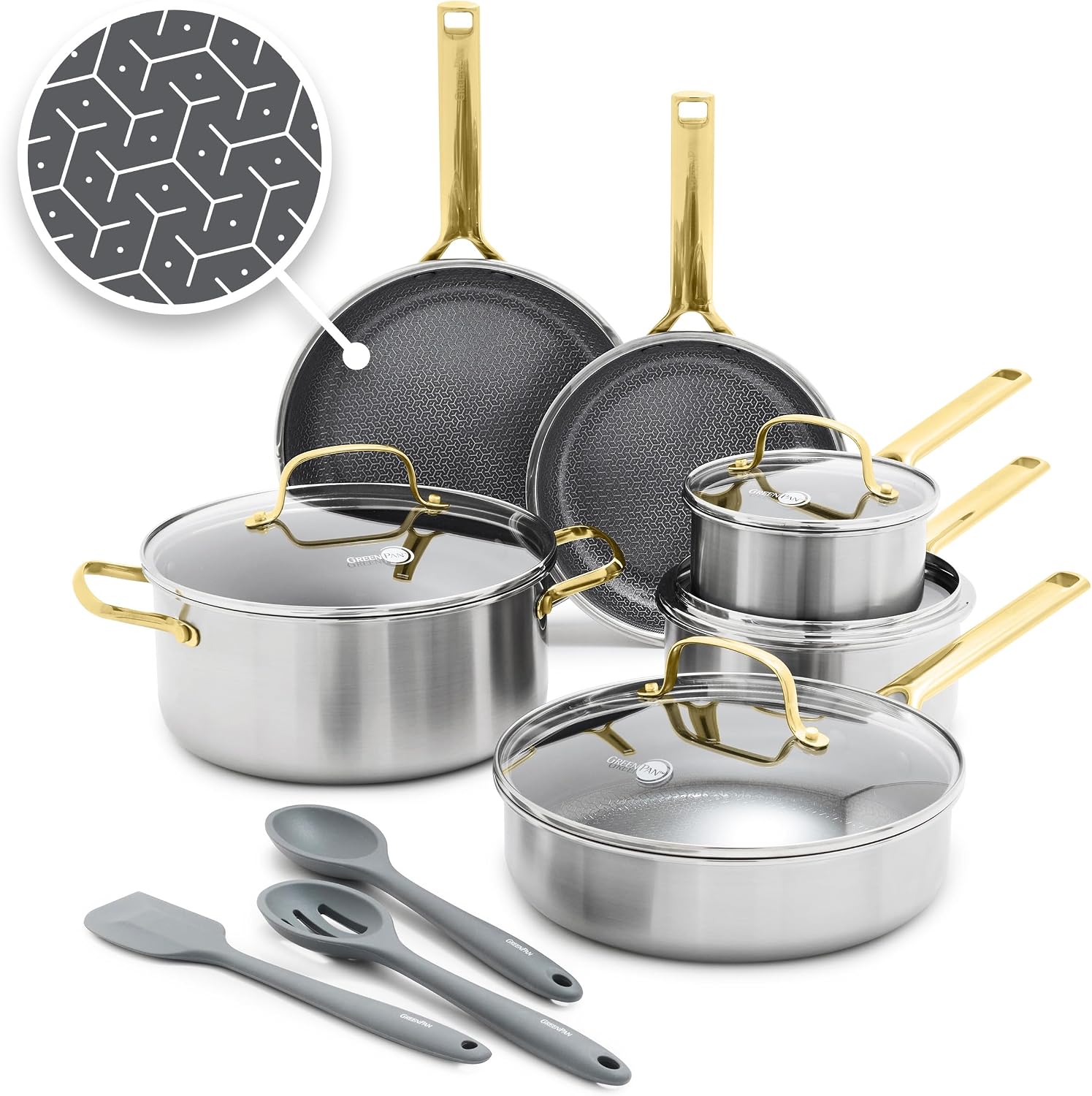 GreenPan Hybrid APEX 13 Piece Stainless Steel Ceramic Nonstick Cookware Set Gold