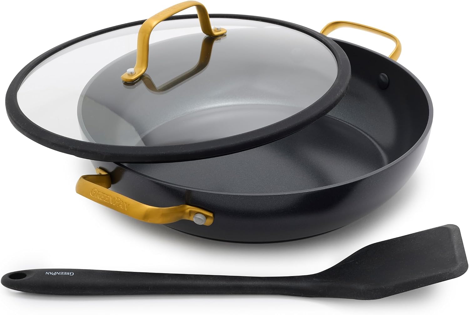 GreenPan Reserve Pro 3 Piece Saute Pan Set with Lid and Silicone Spatula Black