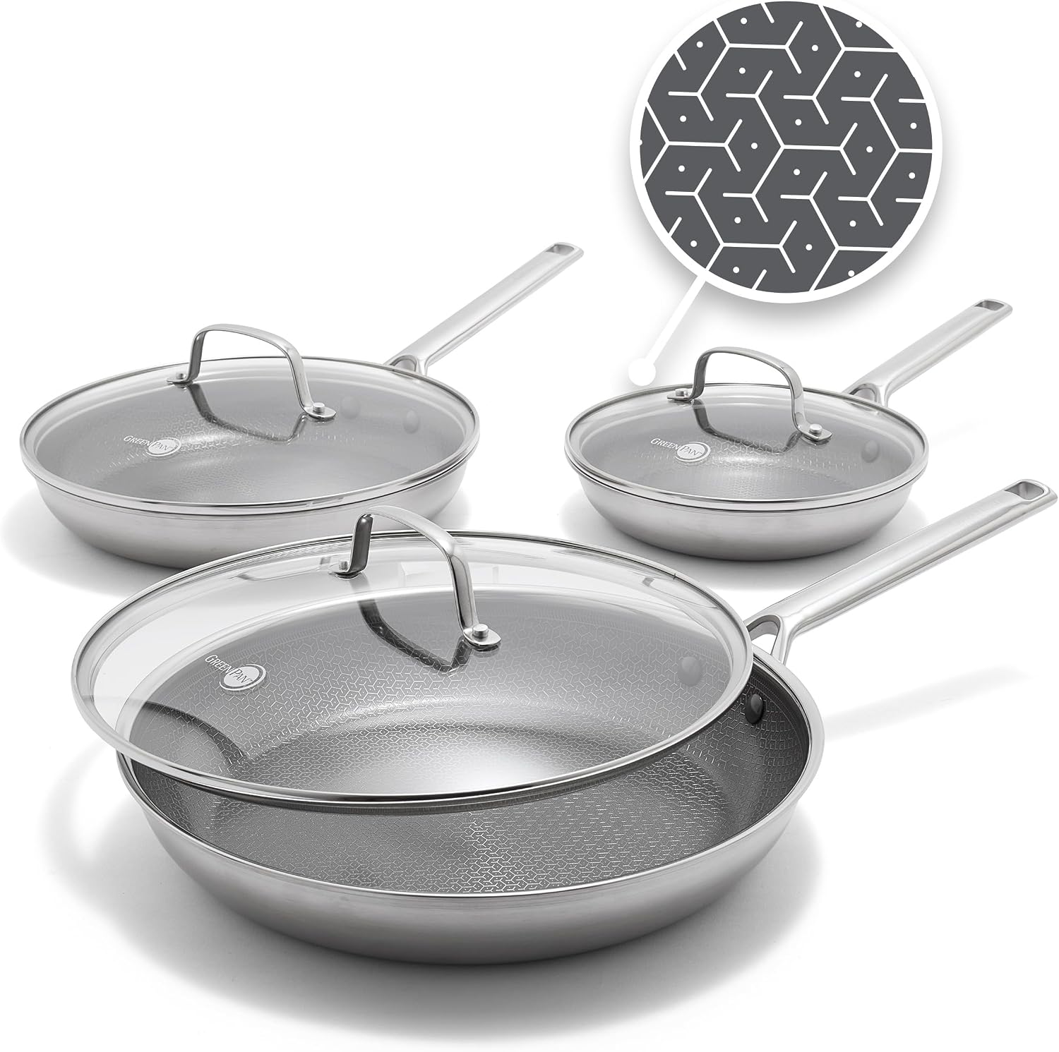 GreenPan Hybrid 6 Piece (8",10" & 12") Stainless Steel Skillets with Lids Silver