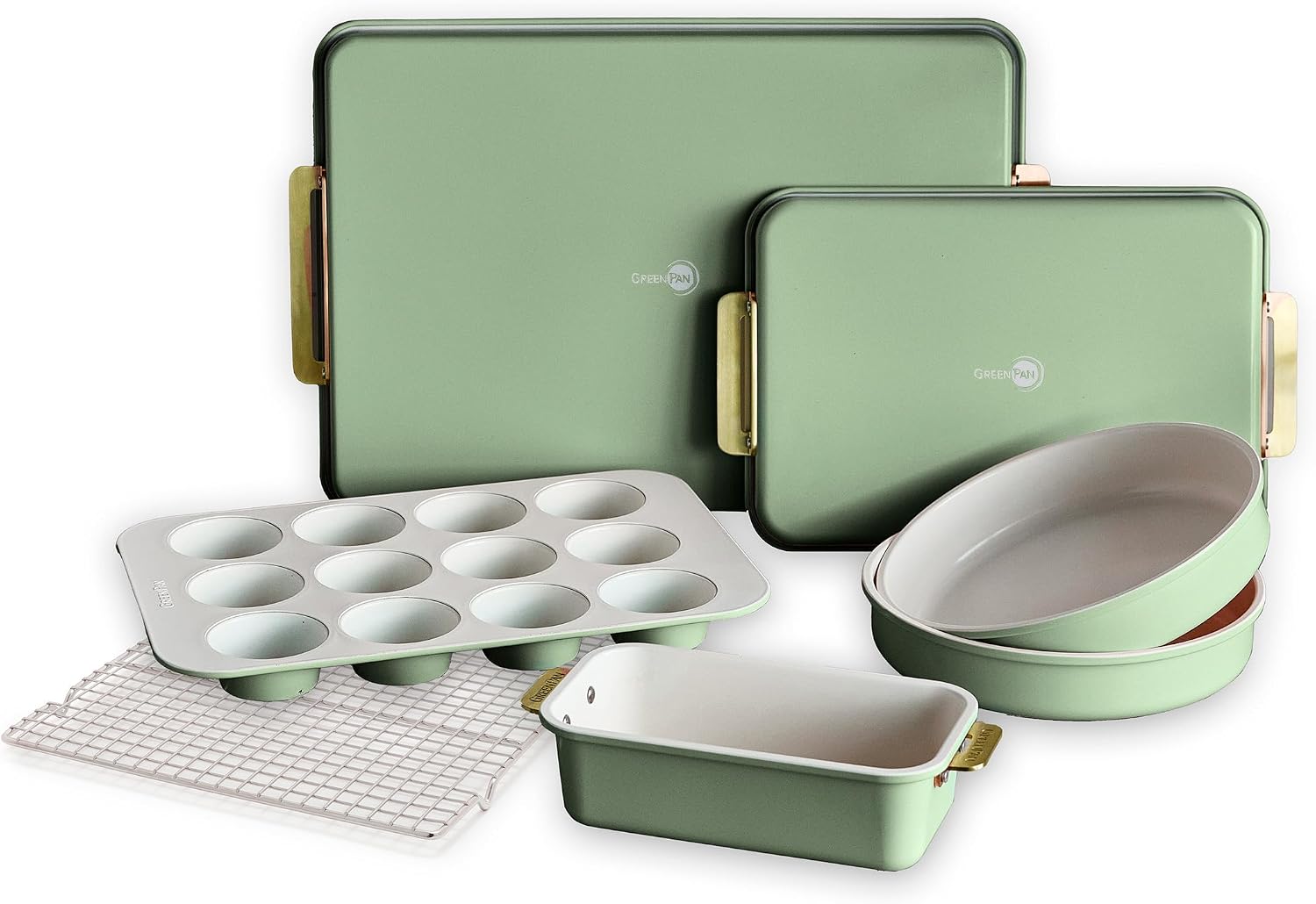 GreenPan Bakeware Ceramic Nonstick 7 Piece Ovenware Set, Sage Green