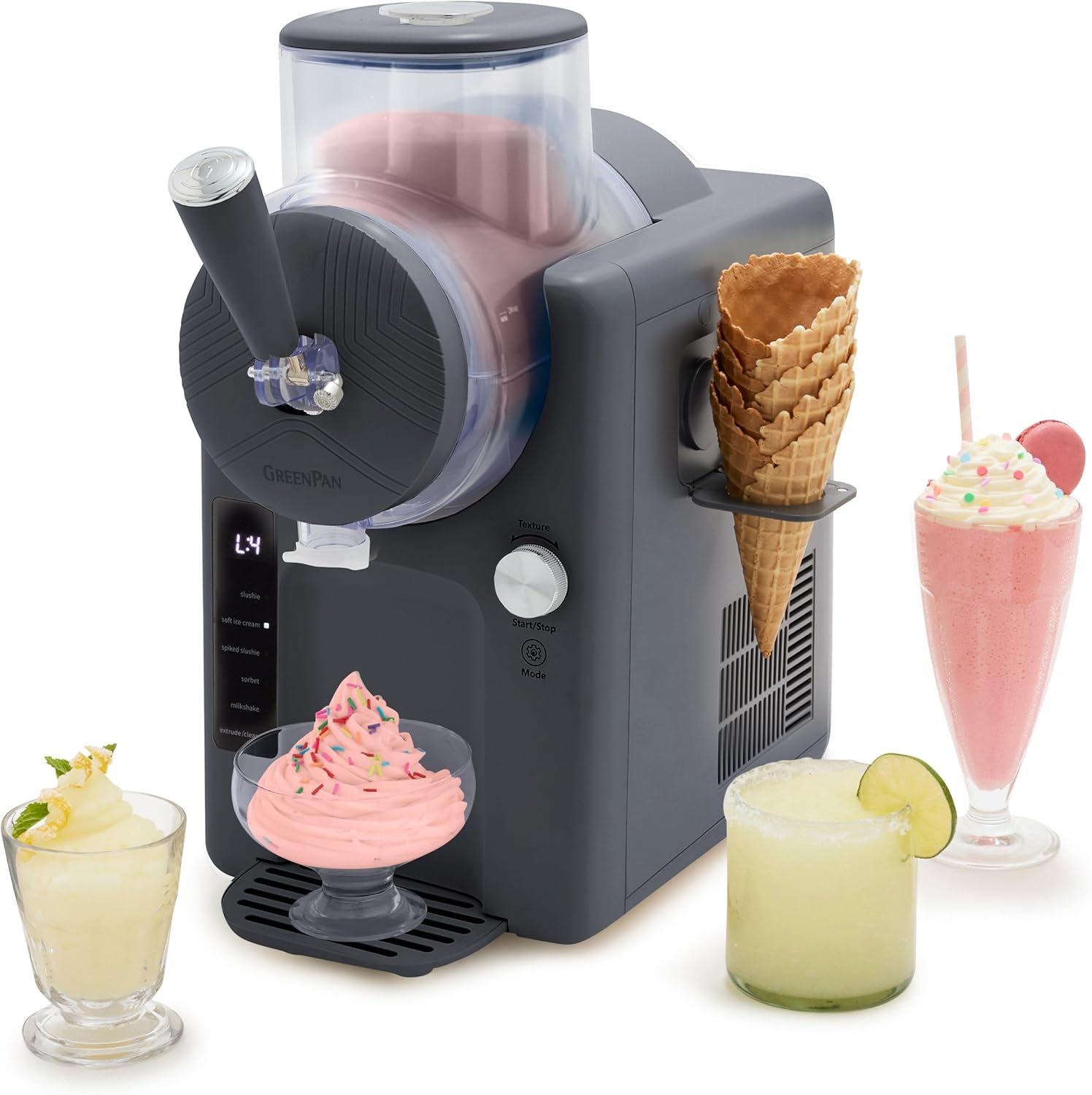 GreenPan Frost Ice Cream Maker & Slushie Machine, Soft Serve, Sorbet, Margaritas, Milkshakes, Frozen Yogurt, No Pre-Freezing, Ready in 15 Mins, 6 Modes, 7 Textures, Self-Cleaning, Family Size, Gray Licorice Gray