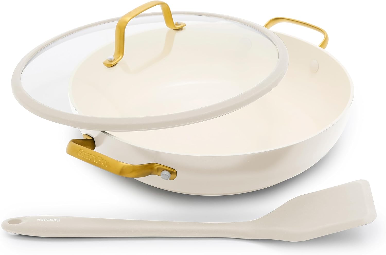 GreenPan Reserve Pro 3 Piece Saute Pan Set with Lid and Silicone Spatula Cream White