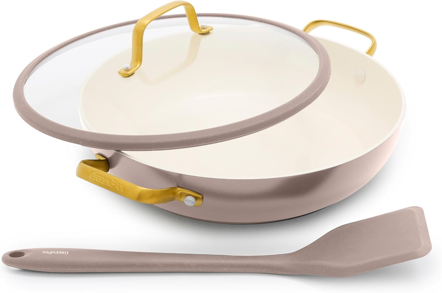 GreenPan Reserve Pro 3 Piece Saute Pan Set with Lid and Silicone Spatula Latte