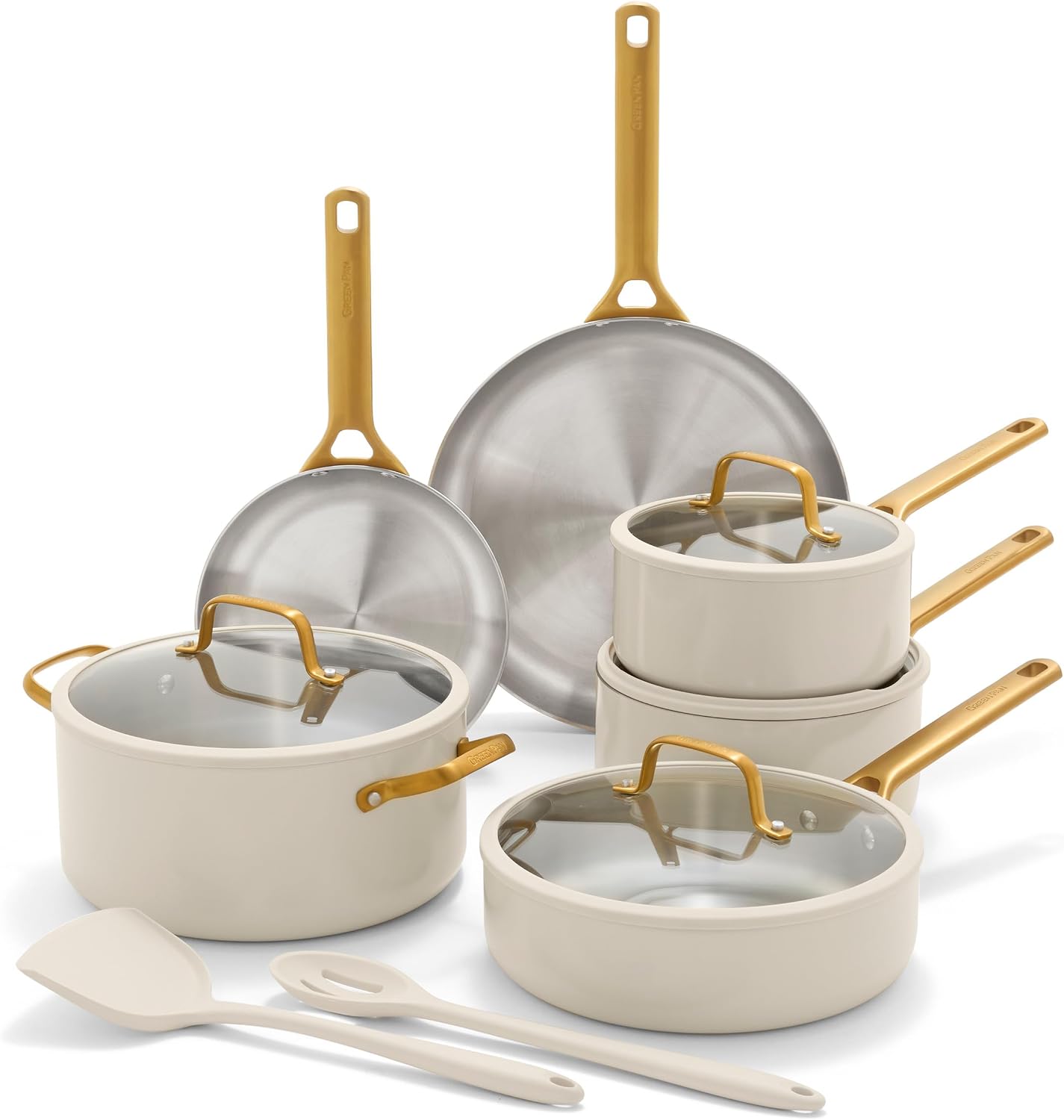 GreenPan Stainless Steel Tri-Ply Reserve 12 Piece Cookware Pots & Pans Set Cream White