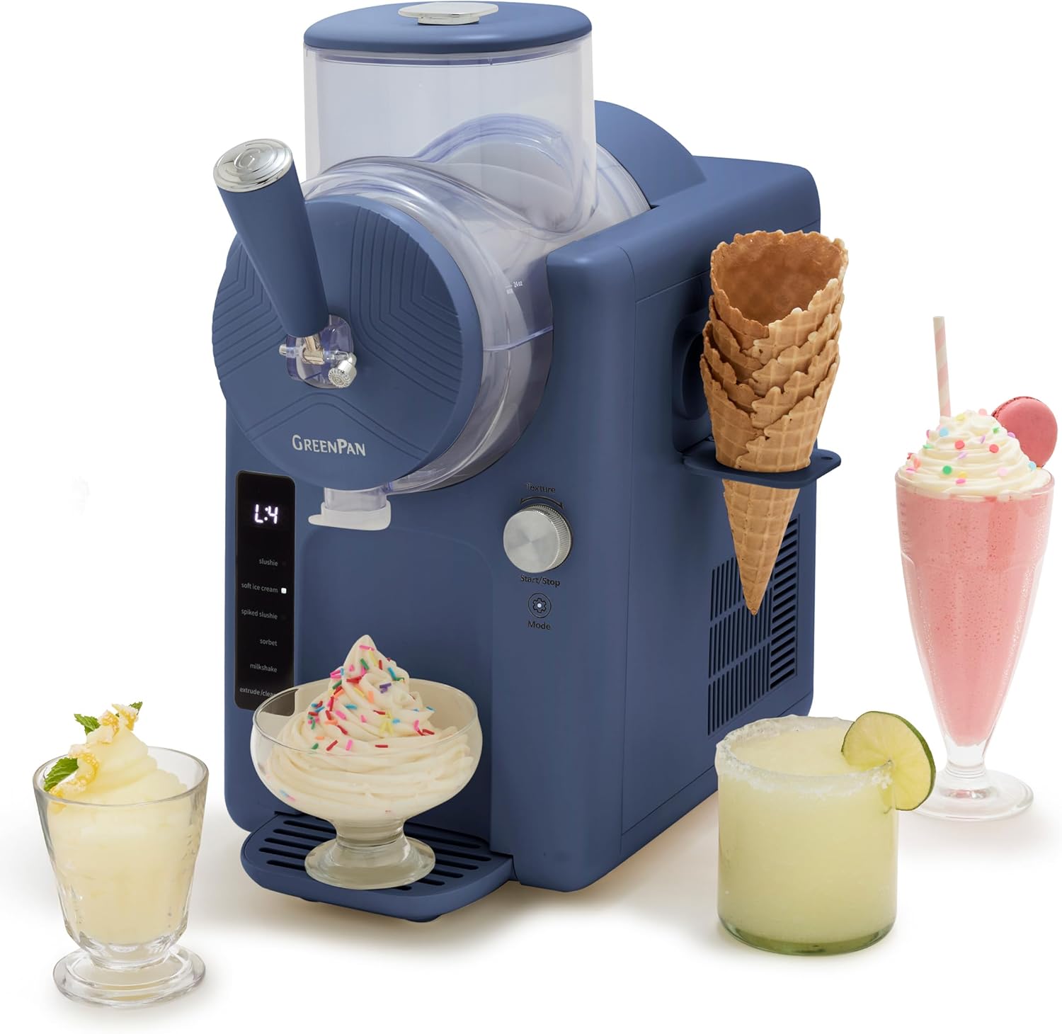 GreenPan Frost Ice Cream Maker & Slushie Machine, Soft Serve, Sorbet, Margaritas, Milkshakes, Frozen Yogurt, No Pre-Freezing, Ready in 15 Mins, 6 Modes, 7 Textures, Self-Cleaning, Family Size, Blue Berry Blue