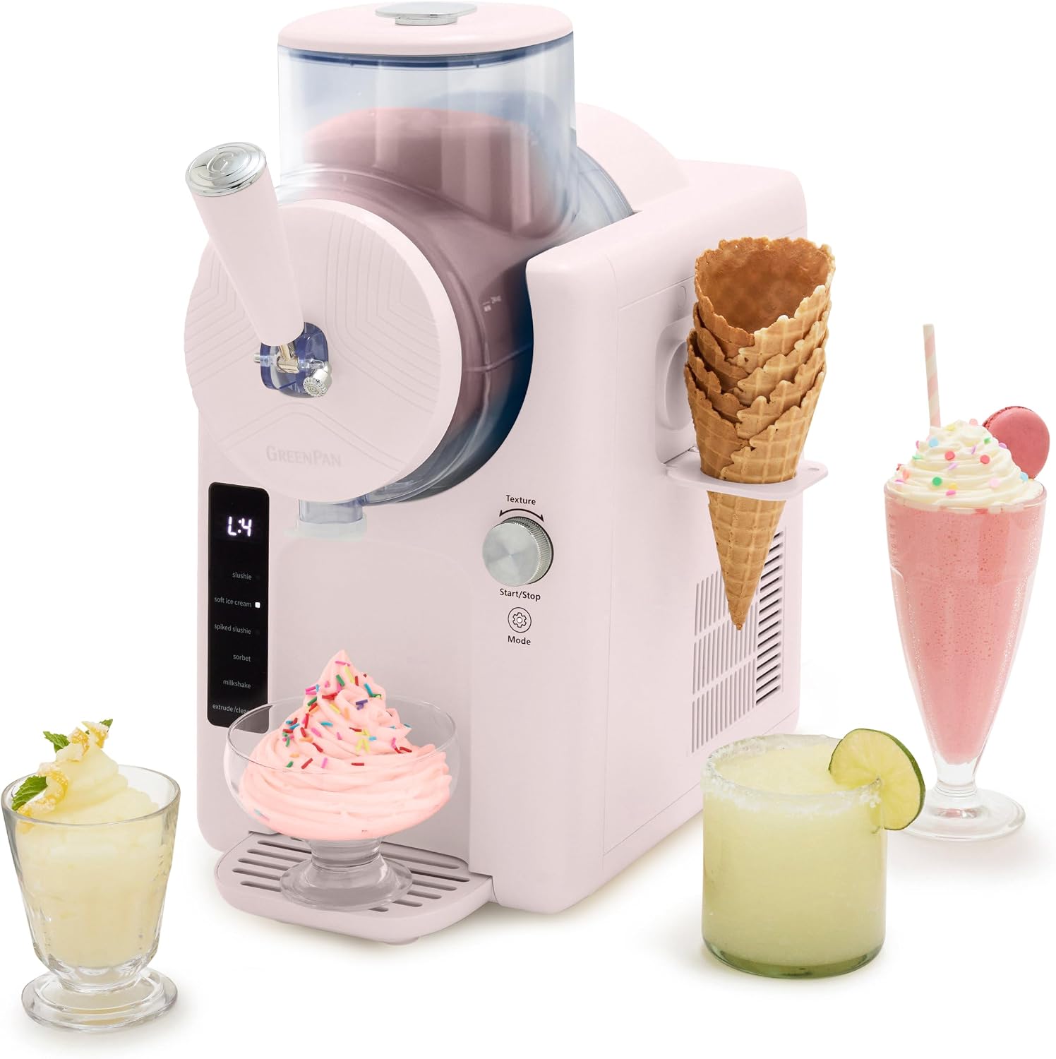 GreenPan Frost Ice Cream Maker & Slushie Machine, Soft Serve, Sorbet, Margaritas, Milkshakes, Frozen Yogurt, No Pre-Freezing, Ready in 15 Mins, 6 Modes, 7 Textures, Self-Cleaning, Family Size, Pink Strawberry Pink