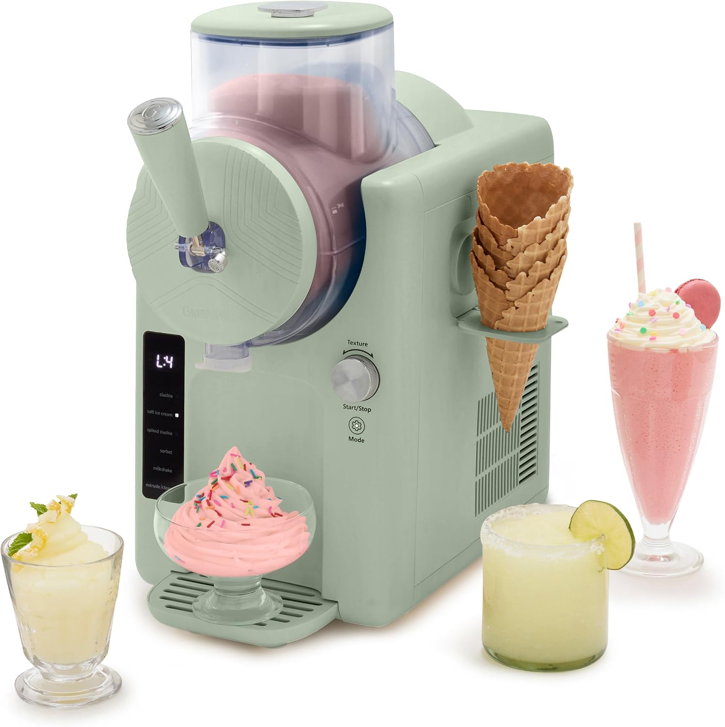 GreenPan Frost Ice Cream Maker & Slushie Machine, Soft Serve, Sorbet, Margaritas, Milkshakes, Frozen Yogurt, No Pre-Freezing, Ready in 15 Mins, 6 Modes, 7 Textures, Self-Cleaning, Family Size, Green Pistachio Green
