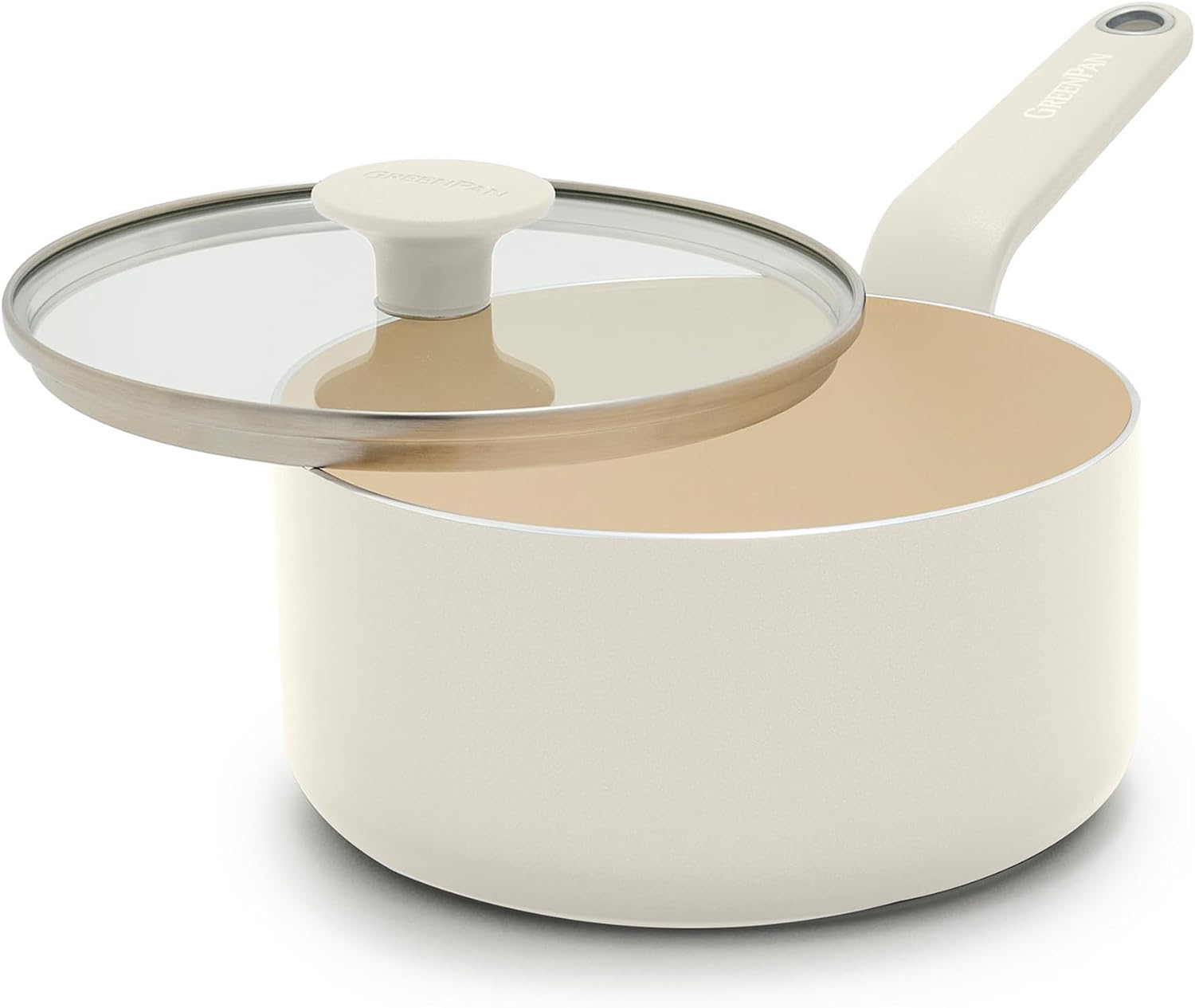 GreenPan Rio Advanced 2QT Saucepan with Lid, Ceramic Nonstick PFAS-Free Pans, Induction Ready, Dishwasher and Oven Safe, Cream White