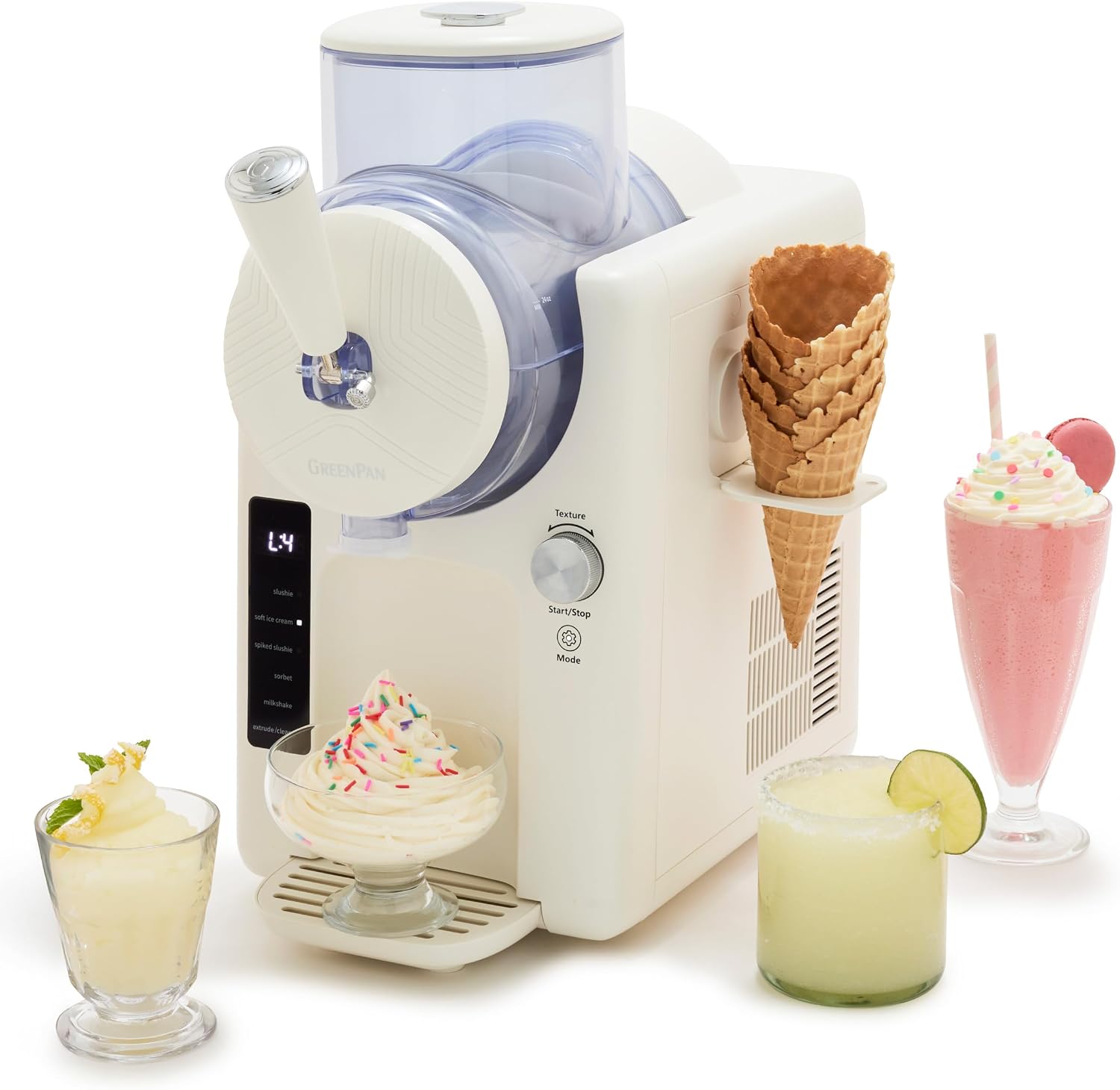 GreenPan Frost Ice Cream Maker & Slushie Machine, Mixing Bowl included, Soft Serve, Sorbet, Margaritas, Milkshakes, Frozen Yogurt, No Pre-Freezing, Ready in 15 Mins, 6 Modes, Self-Cleaning, Cream Cream White