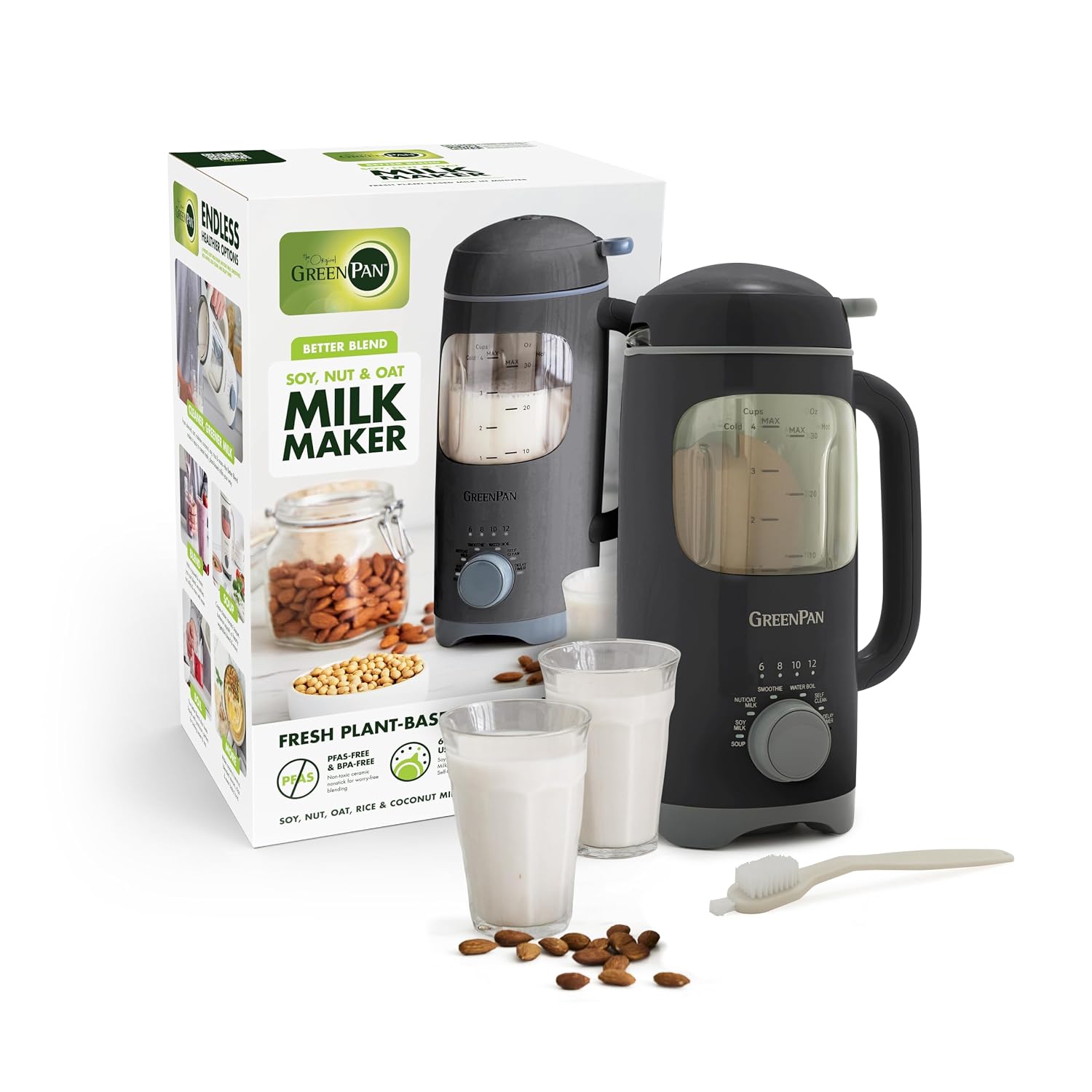 GreenPan 30oz Nut Milk Maker Machine, 15-in-1 for Homemade Almond, Oat, Soy, Coconut, Plant-Based Non-Dairy Beverages, Soups, BPA-Free Glass, Automatic Self-Clean, Delay Start, Gray Graphite