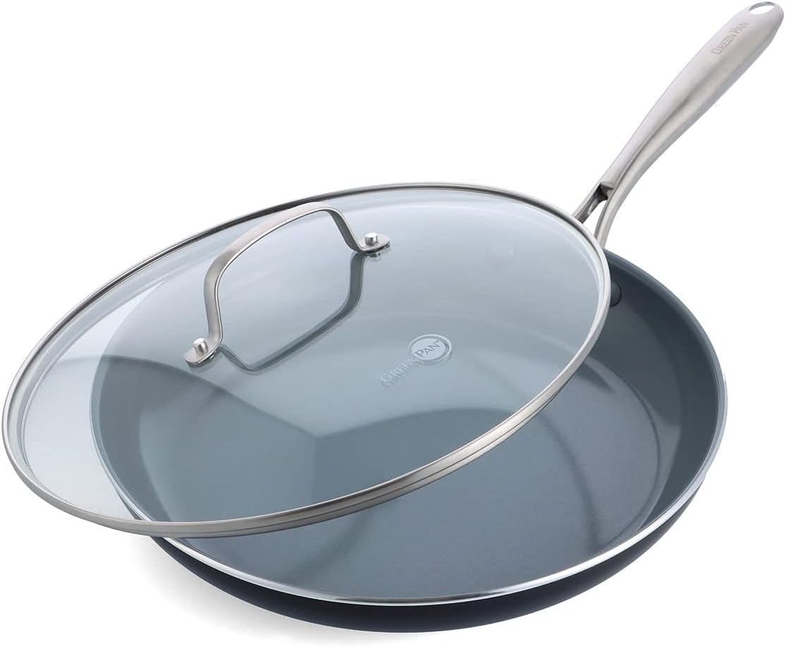 GreenPan Swift Healthy Ceramic Nonstick, 12" Frying Pan Skillet with Lid, Stainless Steel Handle, PFAS-Free, Dishwasher Safe, Oven Safe, Black Gray