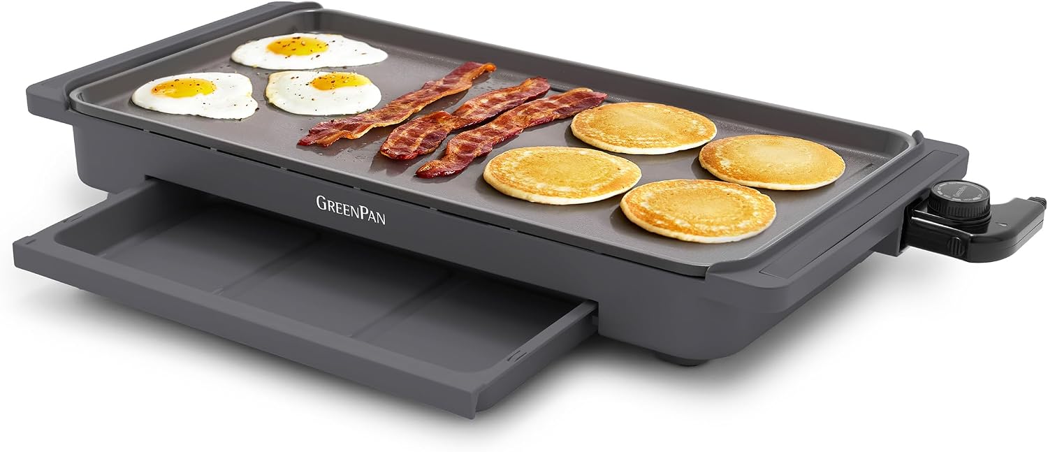 GreenPan Advanced 10.5”x 20” Electric Griddle with Warming Drawer, Ceramic Nonstick PFAS-Free Coating, Temperature Control, Easy and Versatile Countertop Meals, Dishwasher Safe, Graphite
