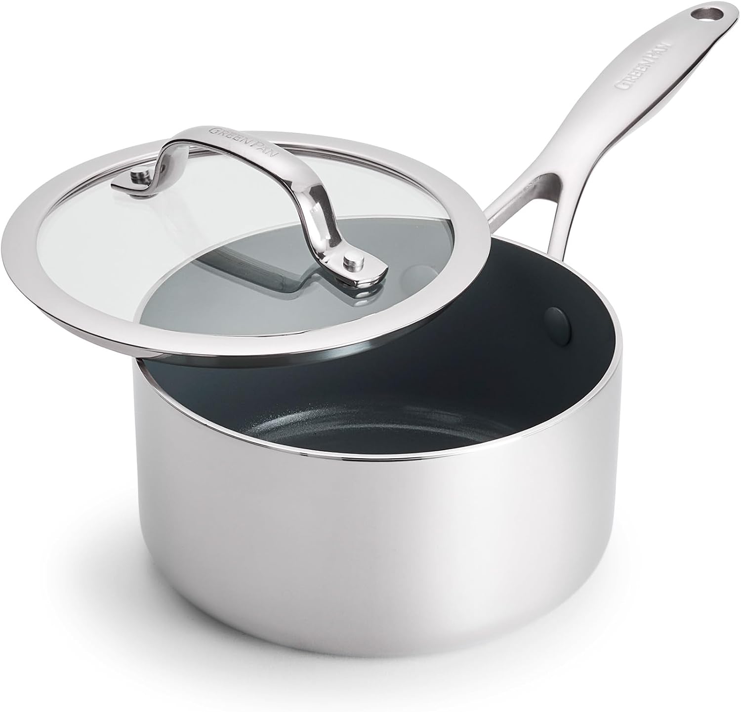 GreenPan Valencia Pro Tri-Ply Stainless Steel 1.6QT Saucepan with Lid, PFAS-Free Ceramic Nonstick Coating, Induction Ready Cookware, All Cooktops, Sauce & Soup Pot, Dishwasher & Oven Safe to 600F Coated Stainless Steel