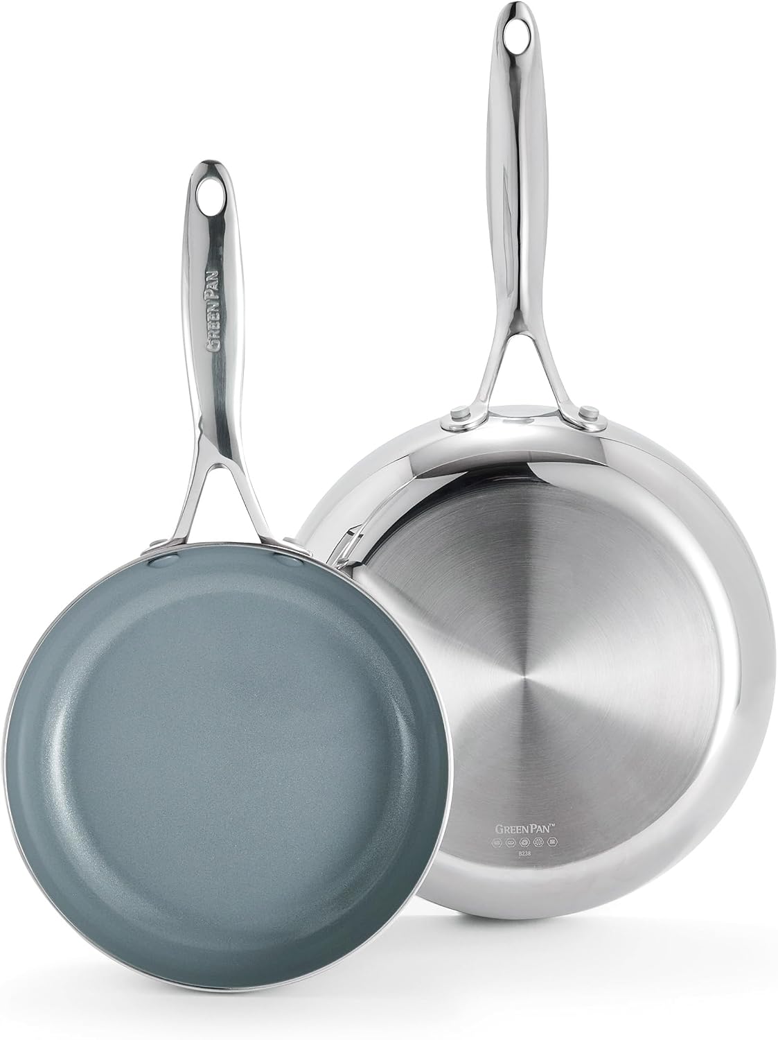 GreenPan Valencia Pro Tri-Ply Stainless Steel 8” & 10” Frying Pan Skillet Set, PFAS-Free Ceramic Nonstick Coating, Induction Ready Cookware, All Cooktops, Eggs & Omelets, Dishwasher & Oven Safe 600F Coated Stainless Steel