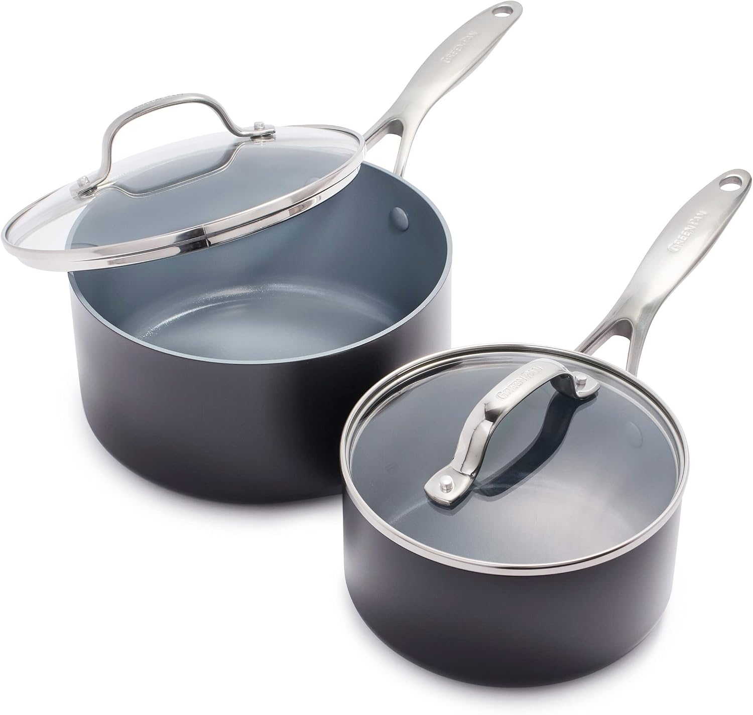 GreenPan Valencia Pro 2 Piece Ceramic Saucepan Set, 1.6QT & 3.3QT with Lids Gray