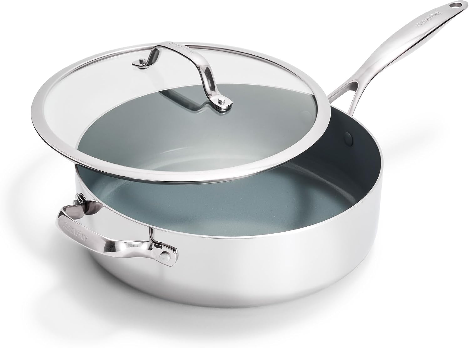 GreenPan Valencia Pro Tri-Ply Stainless Steel 5QT Sauté Pan with Lid, PFAS-Free Ceramic Nonstick Coating, Induction Ready Cookware, All Cooktops, Deep Jumbo Cooker, Dishwasher & Oven Safe to 600F Coated Stainless Steel