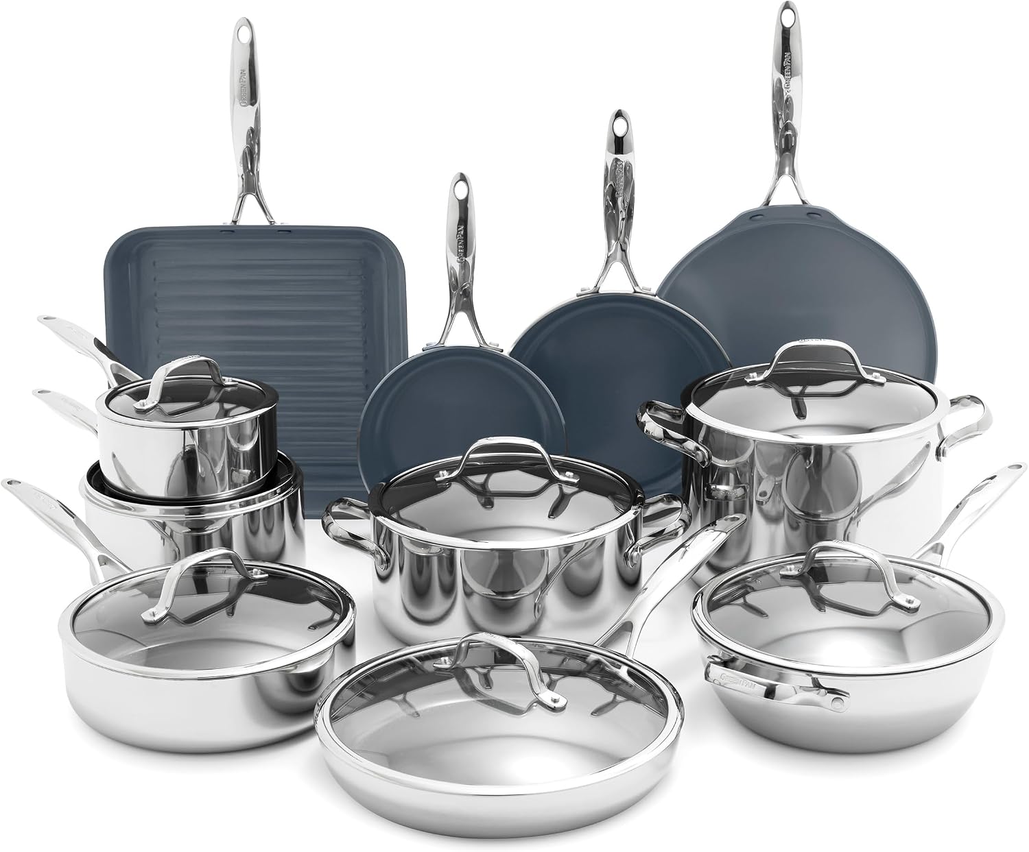 GreenPan Valencia Pro Tri-Ply Stainless Steel 22 Piece Cookware Set, PFAS-Free Ceramic Nonstick Coating, Induction Ready Pots & Pans, All Cooktops, Dishwasher & Oven Safe to 600F