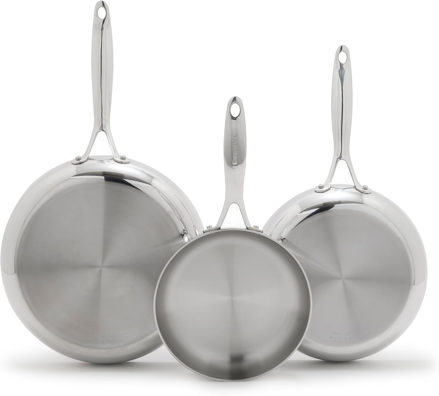 GreenPan Valencia Pro Tri-Ply Stainless Steel 8", 9.5" & 11" Frying Pan Skillet Set, Induction Ready, Mirror Finish, Dishwasher Safe & Oven/Broiler Safe to 600F, Compatible with All Cooktops