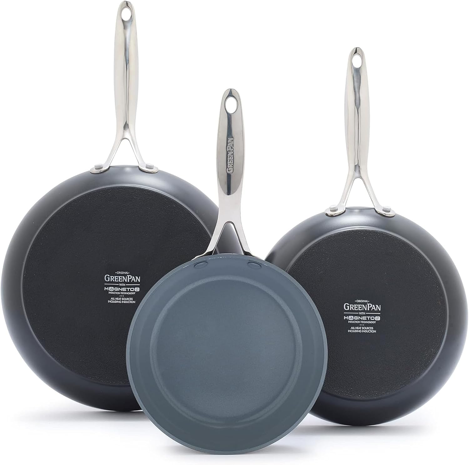 GreenPan Valencia Pro 3 Piece (8", 9.5" & 11") Ceramic Nonstick Skillet Set Gray