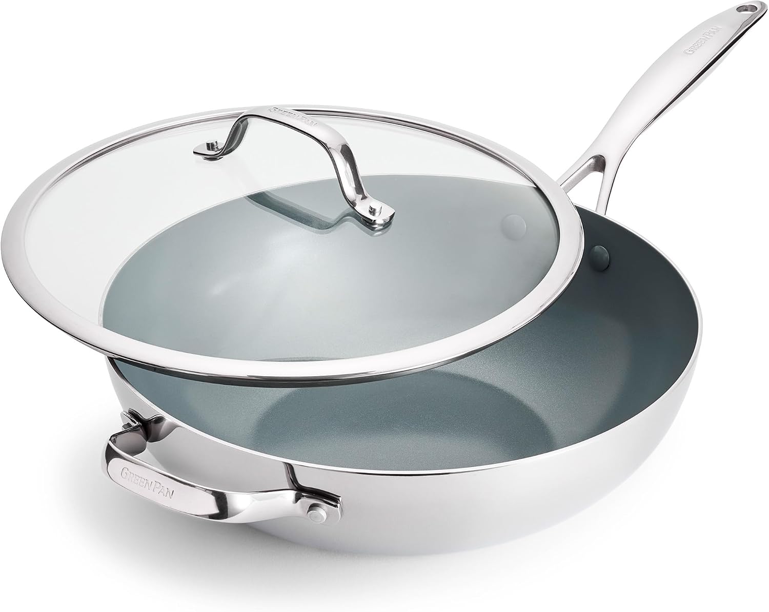 GreenPan Valencia Pro Tri-Ply Stainless Steel 12” Wok with Lid, PFAS-Free Ceramic Nonstick Coating, Induction Ready Cookware, All Cooktops, Dishwasher & Oven Safe to 600F Coated Stainless Steel