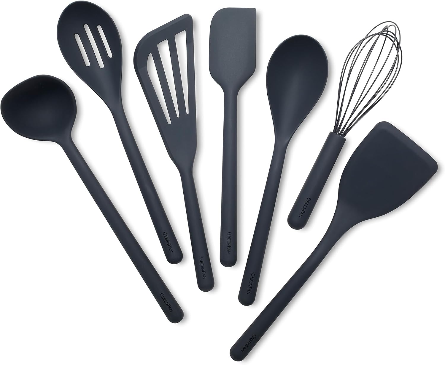 GreenPan Silicone 7 Piece Cooking Utensil Set, Ladle, Turners, Spatula, Spoons, Whisk, Flexible Nonstick Kitchen Tools Rigid Steel Core, Heat-Resistant, Anti-Slip Handle BPA-Free Dishwasher Safe, Gray Charcoal Gray