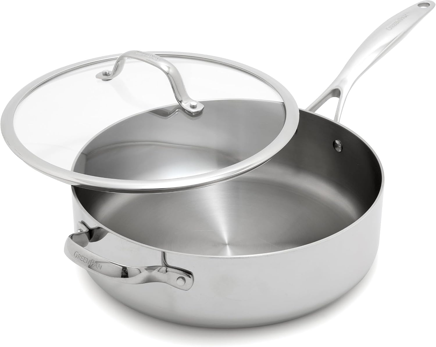 GreenPan Valencia Pro Tri-Ply Stainless Steel 5QT Sauté Pan with Lid, Induction Ready Cookware, All Cooktops, Sauce Pot, Mirror Finish, Dishwasher & Oven/Broiler Safe to 600F