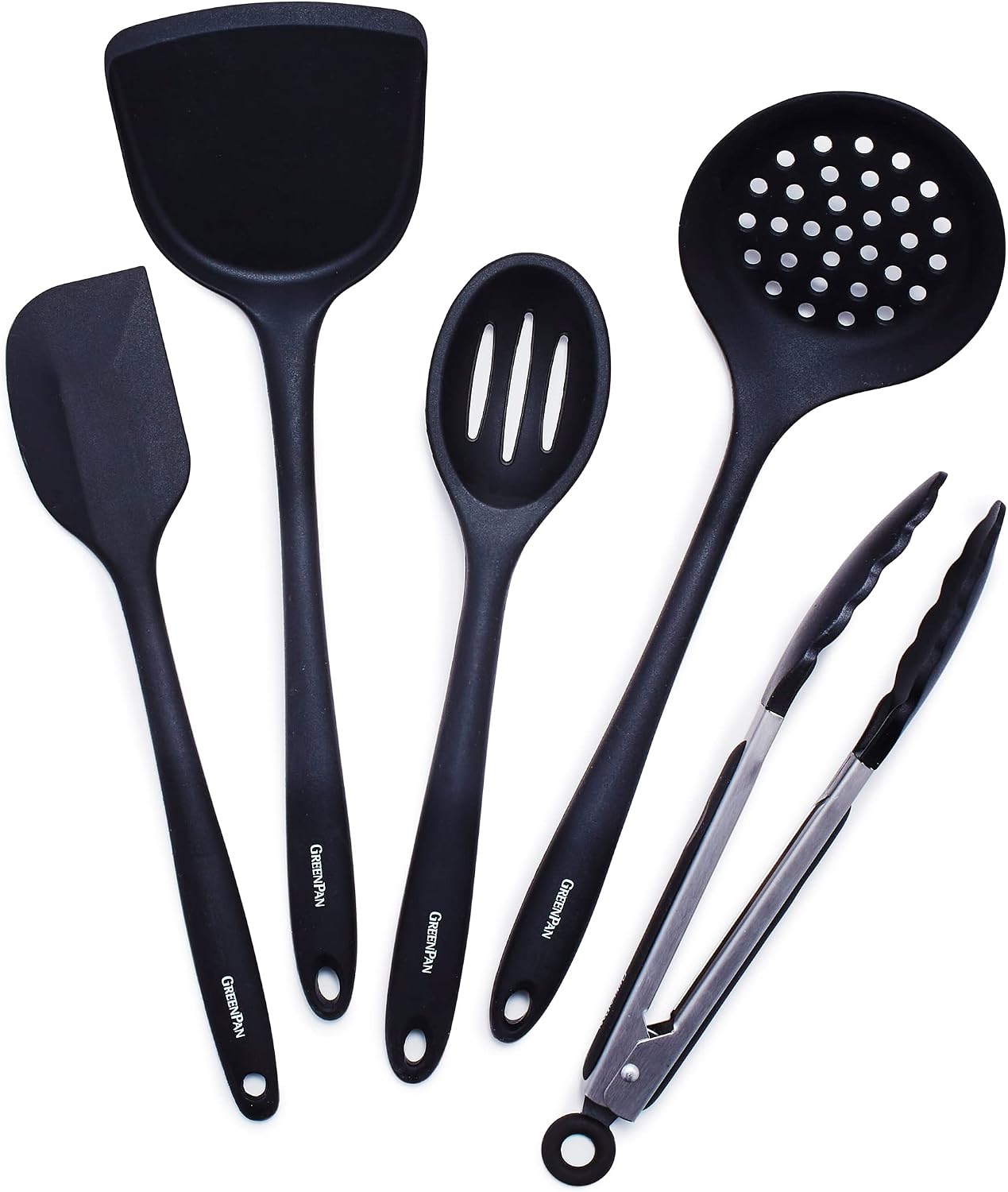 GreenPan 5 Piece Cooking Utensil Set, Flexible Nonstick Silicone, Stain-Free, Tongs, Turner, Spatula, Skimmer, and Slotted Spoon, Black Charcaol Gray