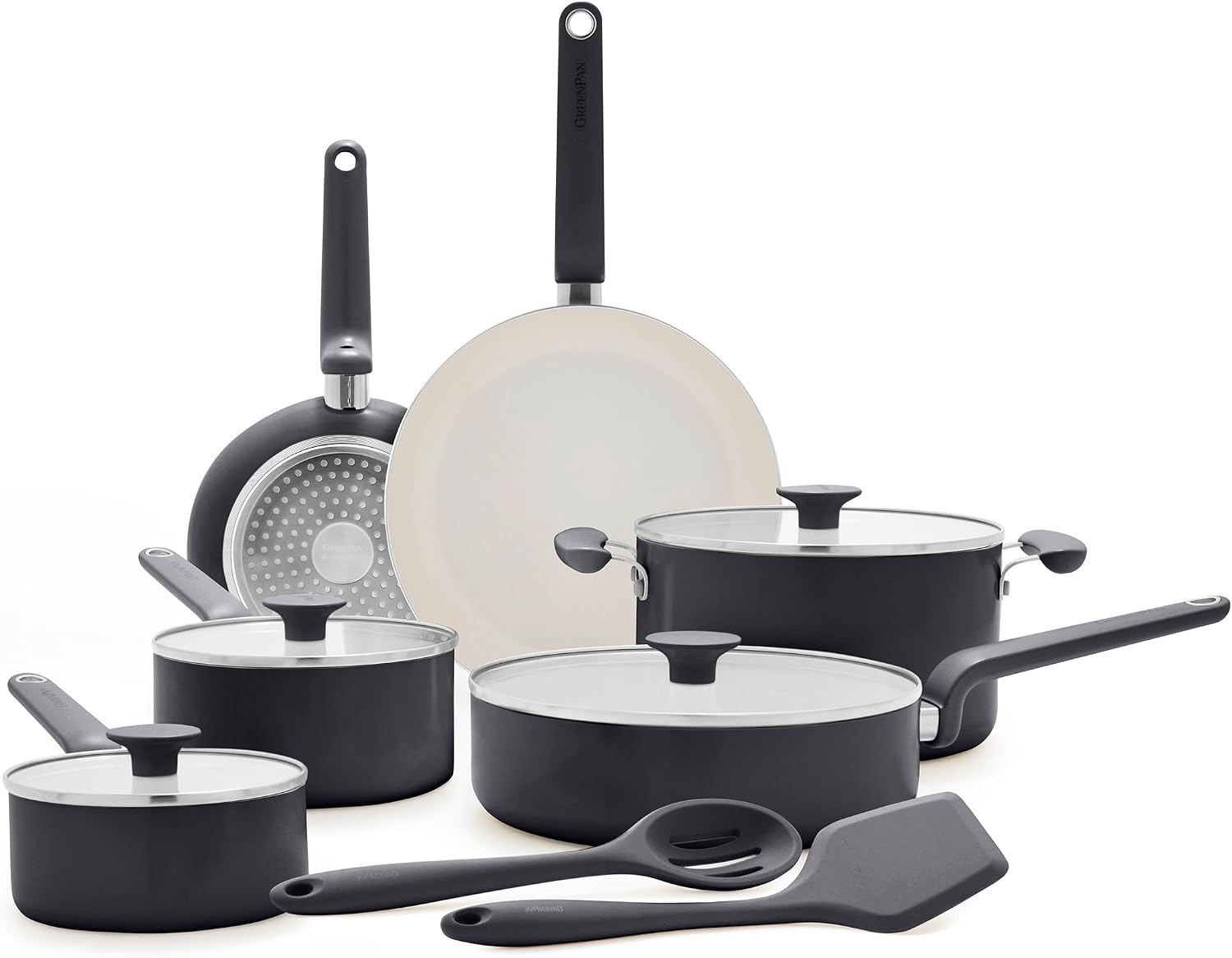GreenPan Rio Advanced 12 Piece Cookware Set, Ceramic Nonstick PFAS-Free Pots & Pans with Cooking Utensils, Induction Ready, Dishwasher & Oven Safe, Black