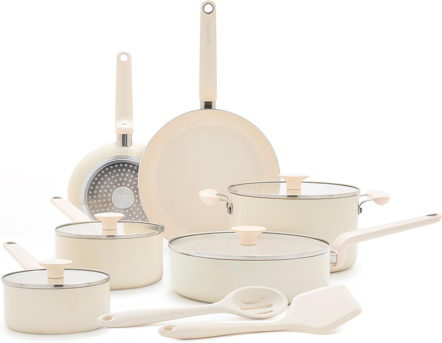 GreenPan Rio Advanced 12 Piece Cookware Set, Ceramic Nonstick PFAS-Free Pots & Pans with Cooking Utensils, Induction Ready, Dishwasher & Oven Safe, Cream White