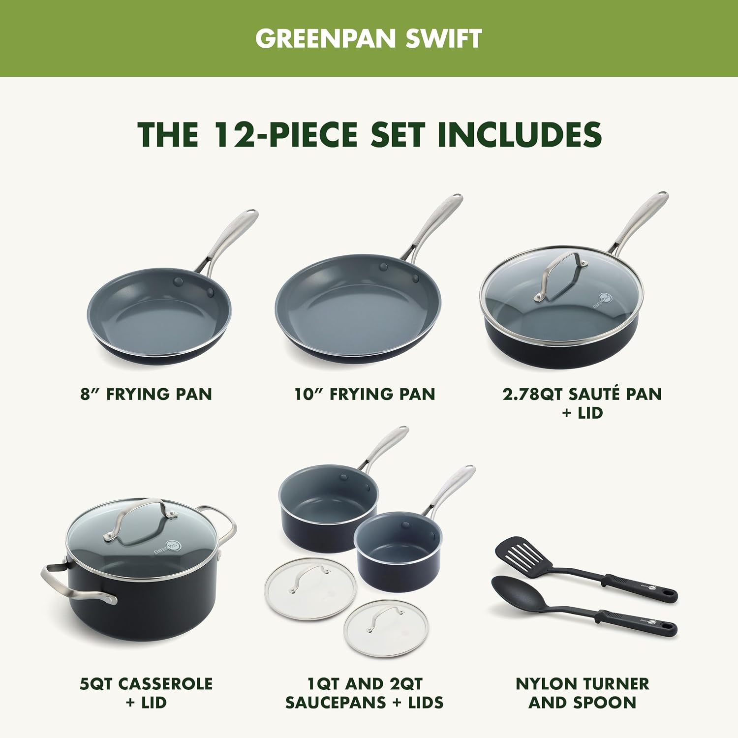 GreenPan Swift 12-Piece PFAS-Free Ceramic Nonstick Cookware Set, Gray