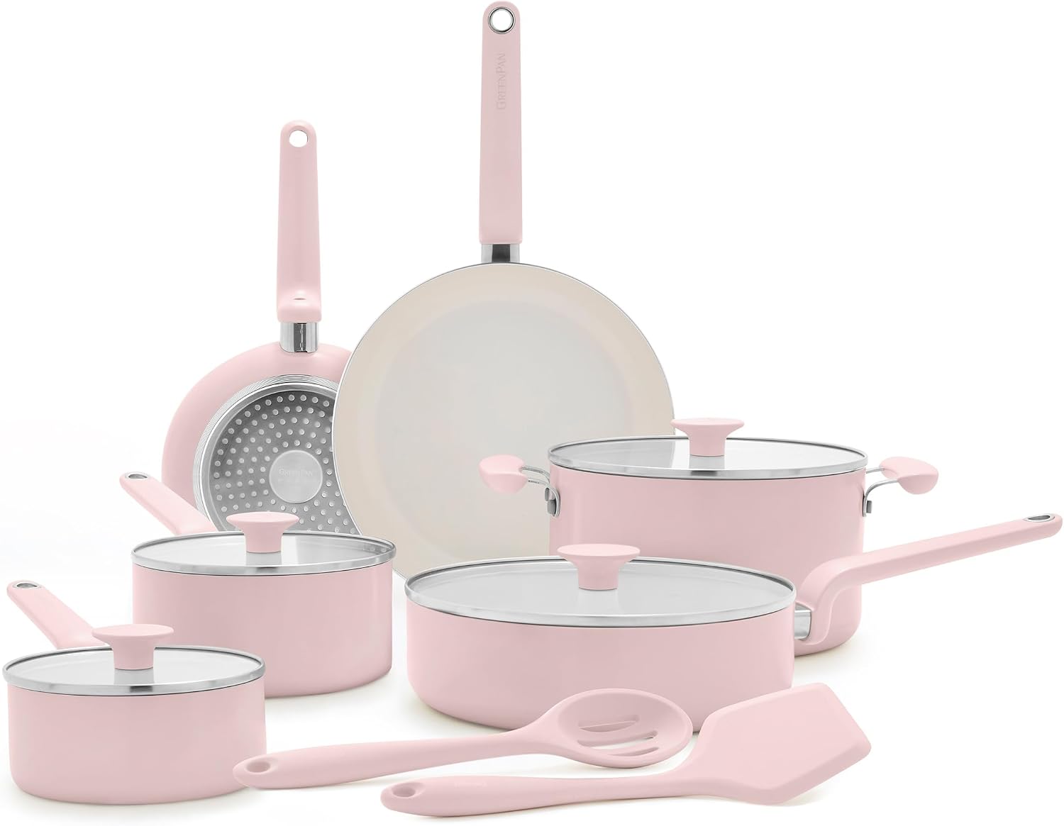 GreenPan Rio Advanced 12 Piece Cookware Set, Ceramic Nonstick PFAS-Free Pots & Pans with Cooking Utensils, Induction Ready, Dishwasher & Oven Safe, Pink