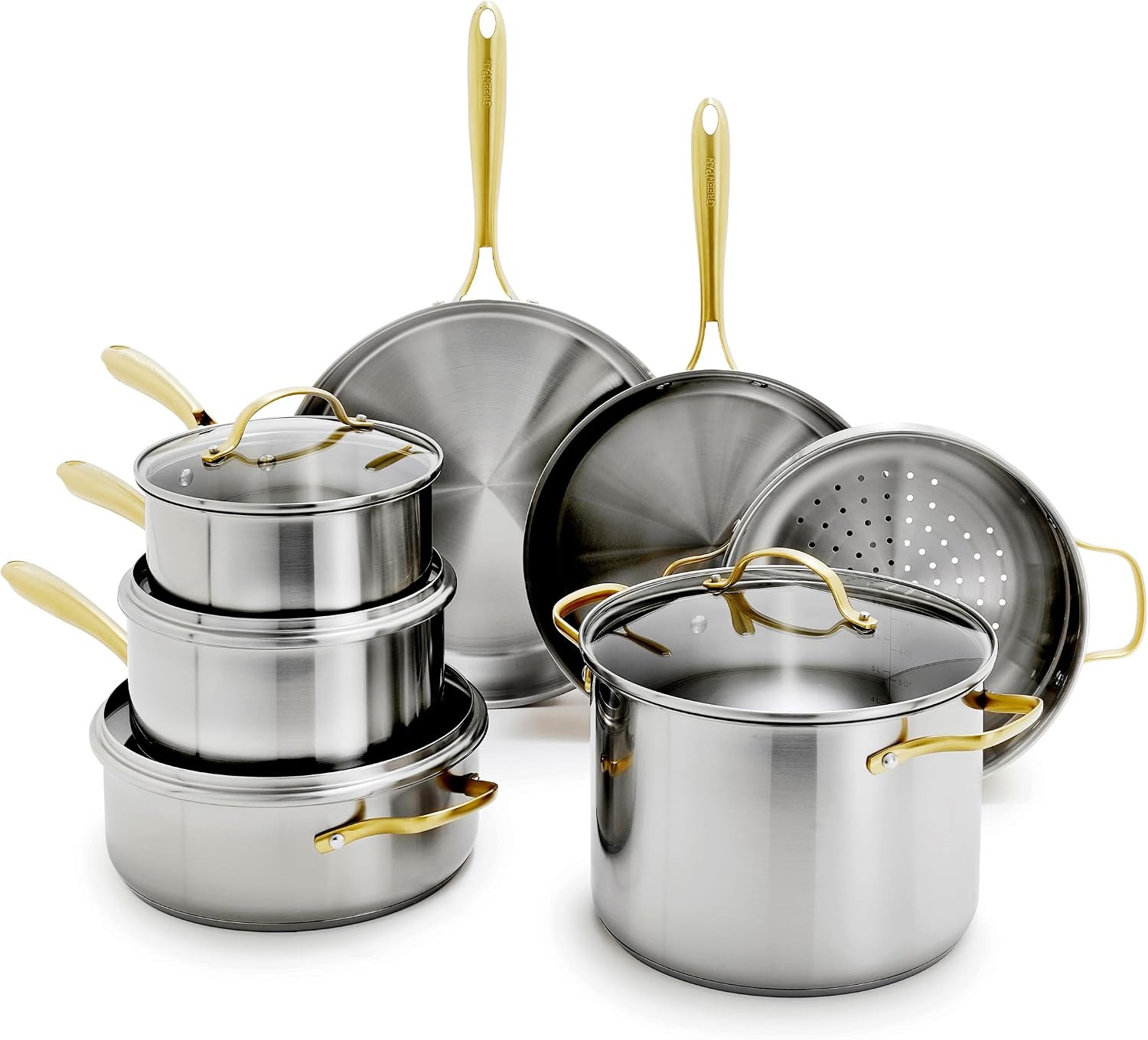 GreenPan Stainless Steel Cookware Set, 11 Piece Pots & Pans, Gold