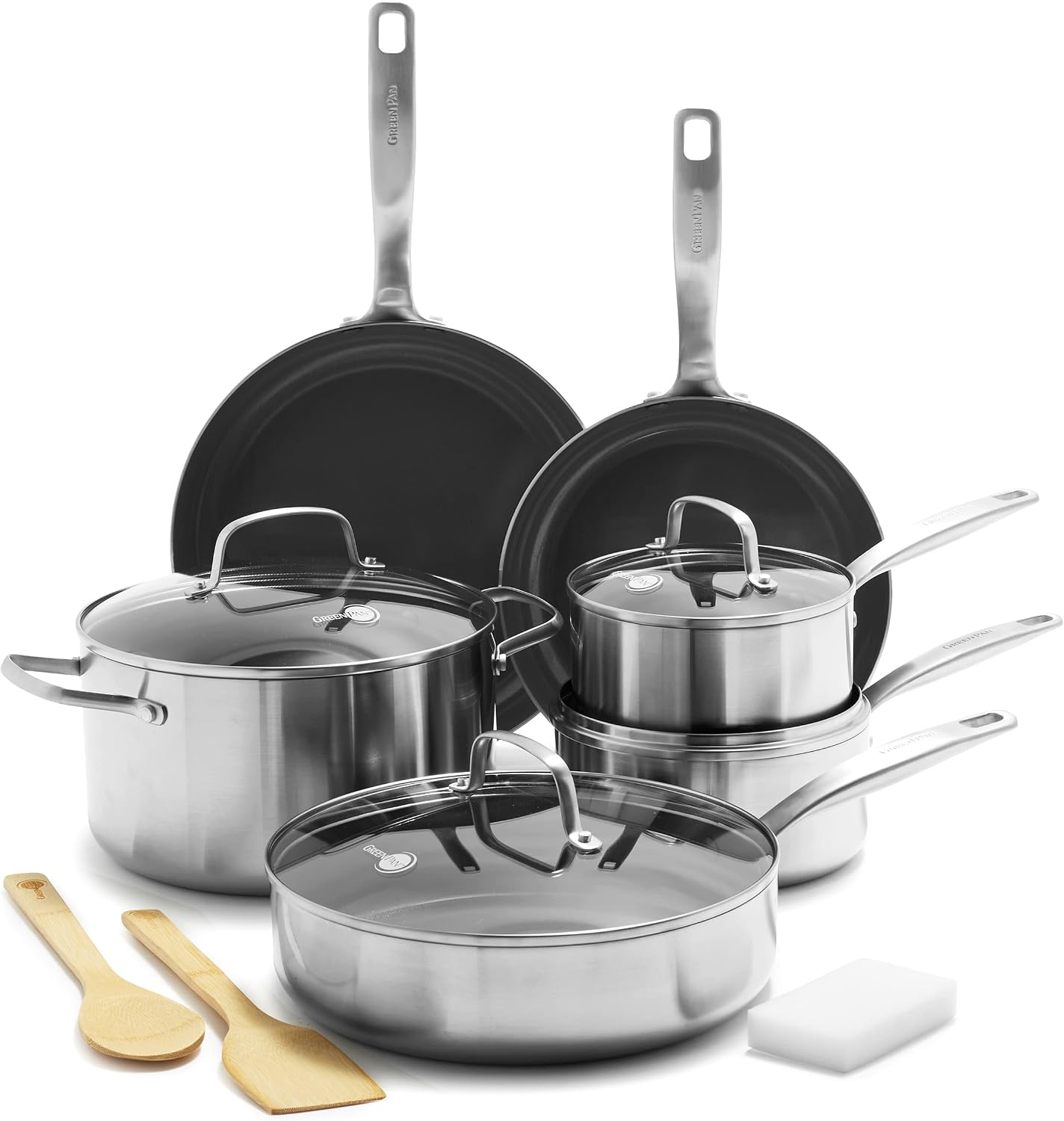 GreenPan Chatham Tri-Ply Stainless Steel 12 Piece Cookware Set, PFAS-Free Pots and Pans, Multiclad, Induction Ready, Fry Saute Sauce Pans, Stockpot, Dishwasher Safe, Oven & Broiler Safe, Silver Coated Stainless Steel