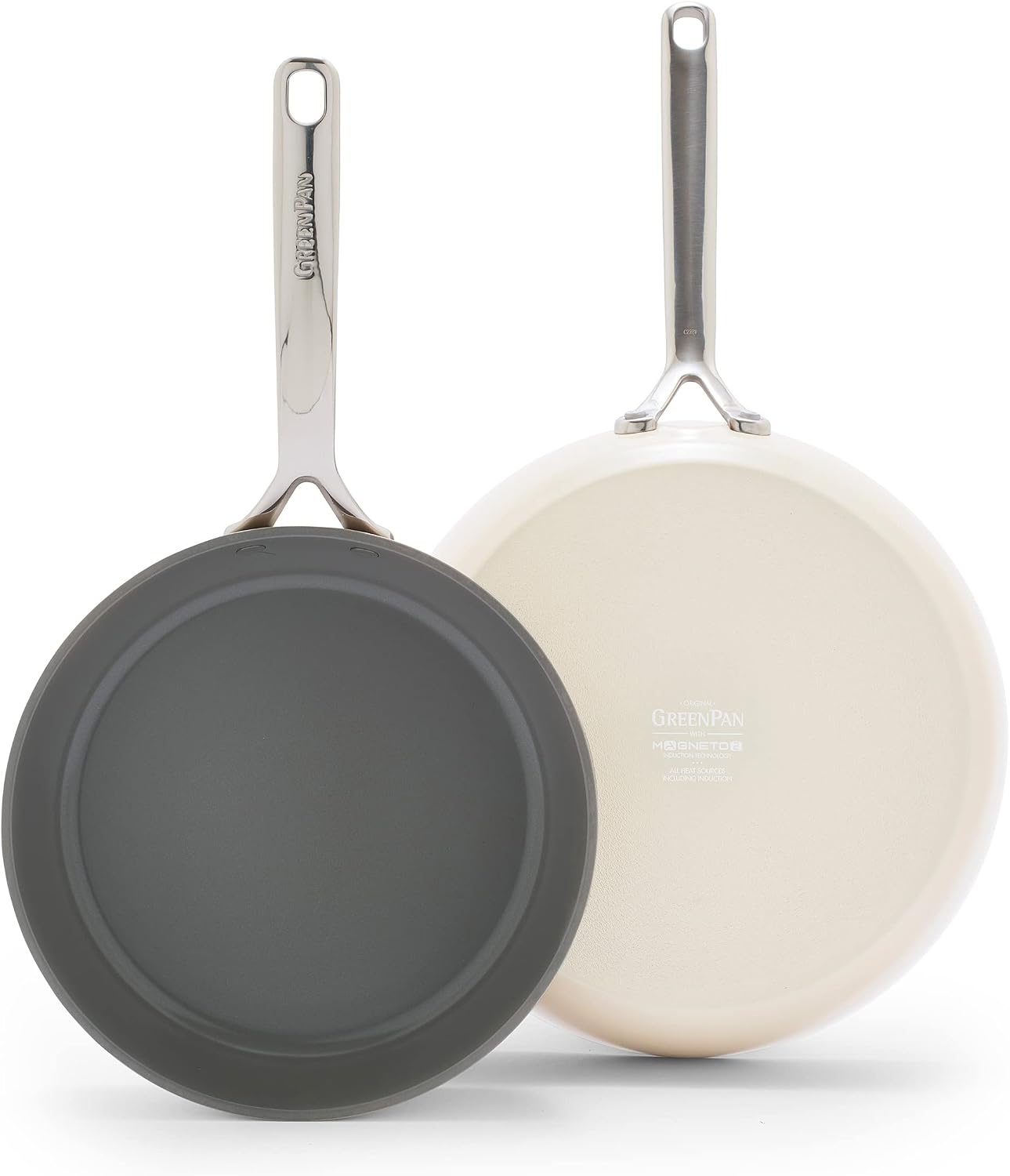 GreenPan GP5 Hard Anodized Healthy Ceramic Nonstick 9.5” & 11” 2 Piece Frying Pan Skillet Set,Heavy Gauge Scratch Resistant,Stay-Flat Surface, Induction, Mirror Finish Handle,Oven Safe,PFAS-Free,Cream