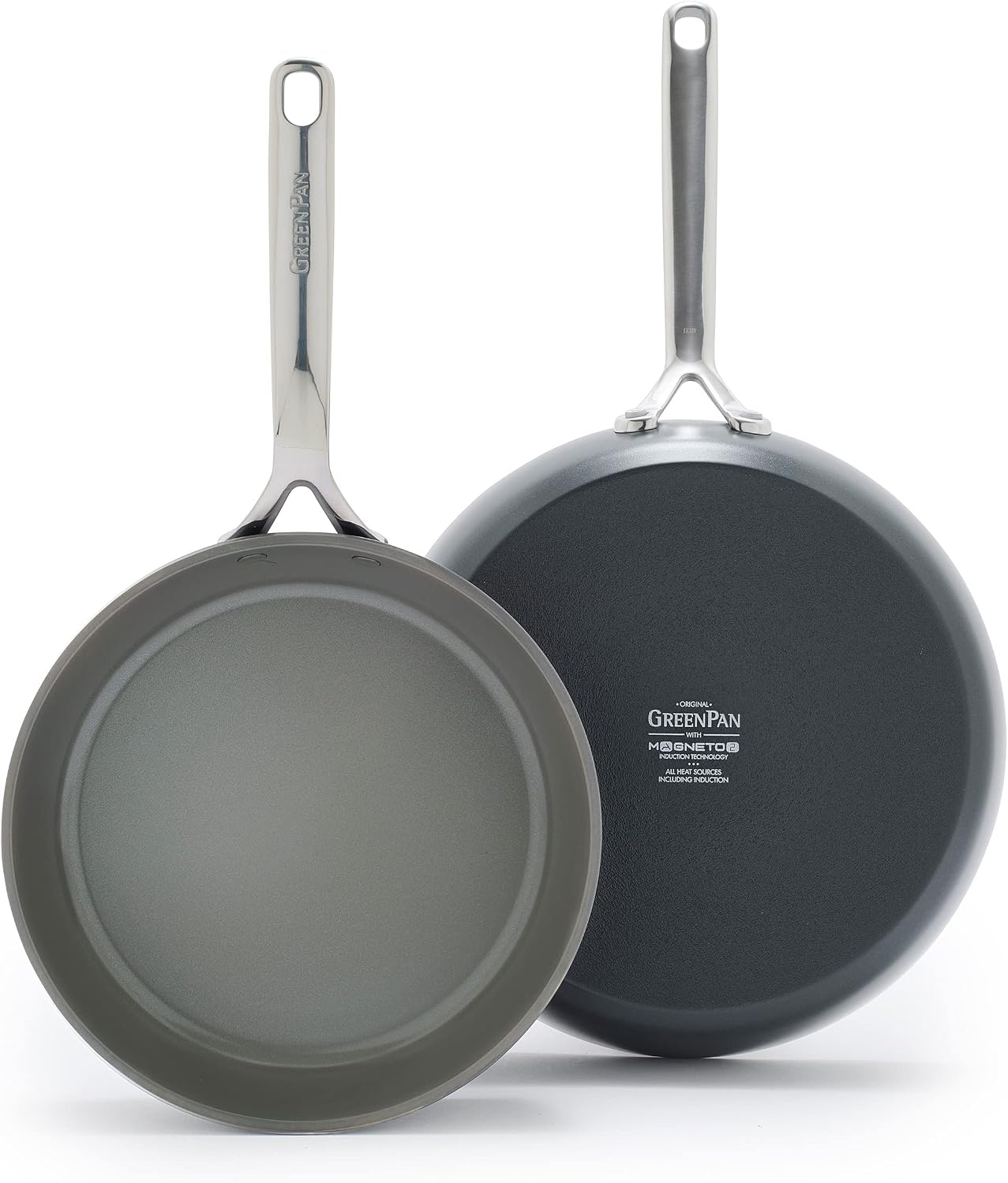 GreenPan GP5 Hard Anodized PFAS-Free Ceramic Nonstick 9.5" & 11" 2 Piece Frying Pan Skillet Set, Heavy Gauge Scratch Resistant, Stay-Flat Surface, Induction, Mirror Finish Handle, Oven Safe, Slate