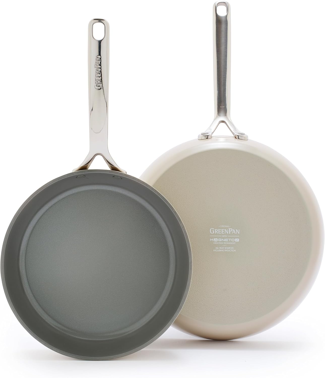 GreenPan GP5 Hard Anodized 9.5” & 11” 2 Piece Frying Pan Skillet Set, Scratch Resistant,Stay-Flat Surface, Induction, Mirror Finish Handle, PFAS-free Nonstick, Oven Safe, Taupe
