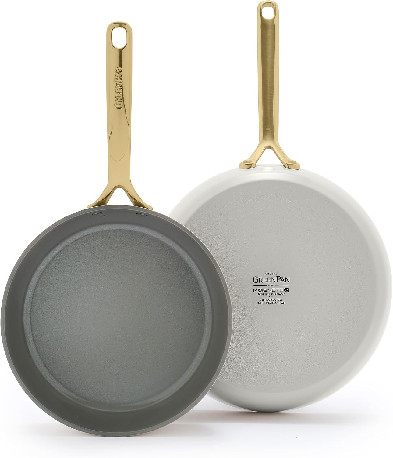 GreenPan GP5 9.5” and 11” 2 Piece Frying Pan Skillet Set, Hard Anodized Healthy Ceramic Nonstick PFAS-Free Cookware, Champagne Handles, Stay-Flat Surface, Induction, Dishwasher and Oven Safe, Clay