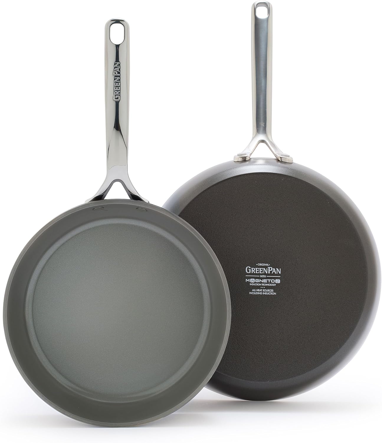 GreenPan GP5 Hard Anodized 9.5” & 11” 2 Piece Frying Pan Skillet Set, Scratch Resistant,Stay-Flat Surface, Induction, Mirror Finish Handle, PFAS-free Nonstick, Oven Safe, Taupe Cocoa