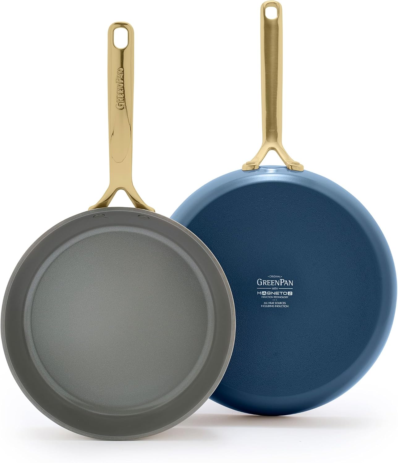 GreenPan GP5 9.5” and 11” 2 Piece Frying Pan Skillet Set, Hard Anodized Healthy Ceramic Nonstick PFAS-Free Cookware, Champagne Handles, Stay-Flat Surface, Induction, Dishwasher and Oven Safe, Blue