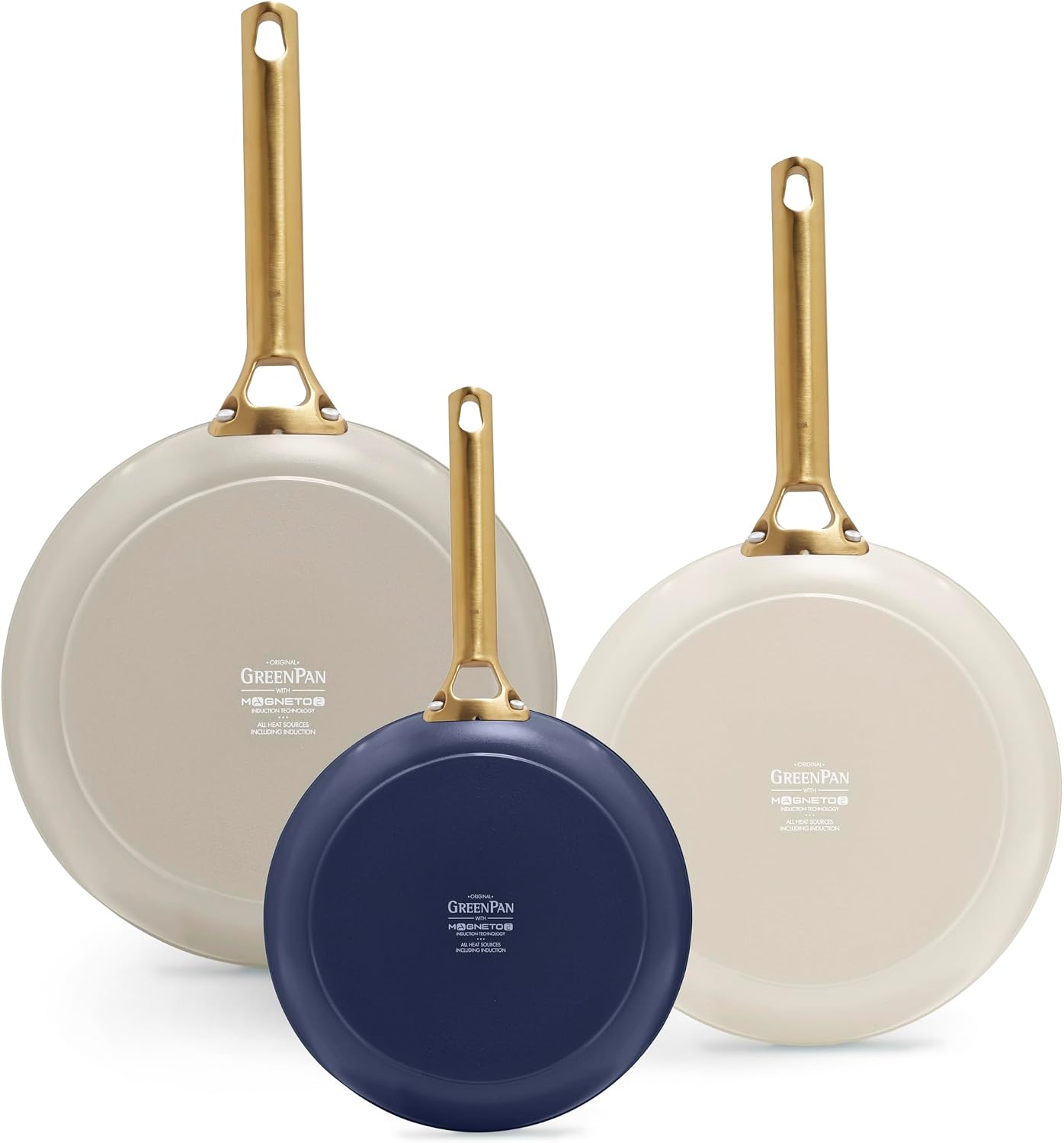 GreenPan 3 Piece Ceramic Cookware Set, Non Stick Frying Pans (8” 10” & 12” Skillets), PFAS-Free Non-Toxic Induction Cookware, Hard Anodized, Kitchen Pots, Dishwasher Safe, Navy, Taupe, Cream